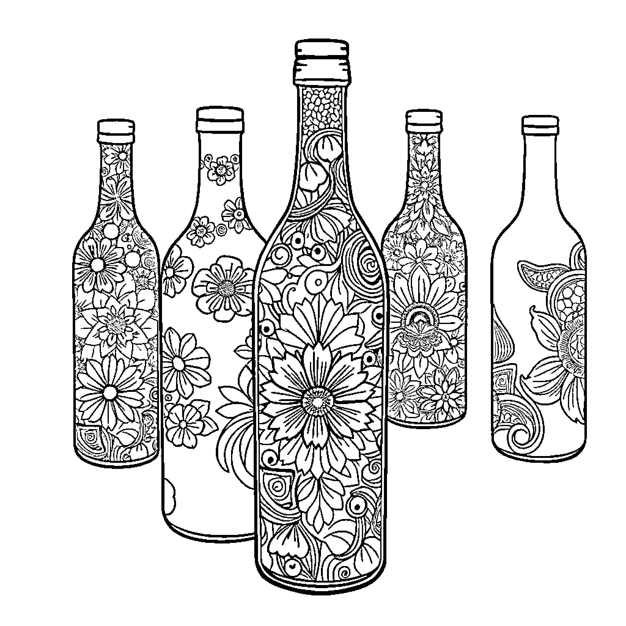 Bottle with Floral Designs and Patterns Coloring Page (free black-and-white line drawing printable PDF for all, from beginners to advanced learners, including children, teens, adults, and seniors)