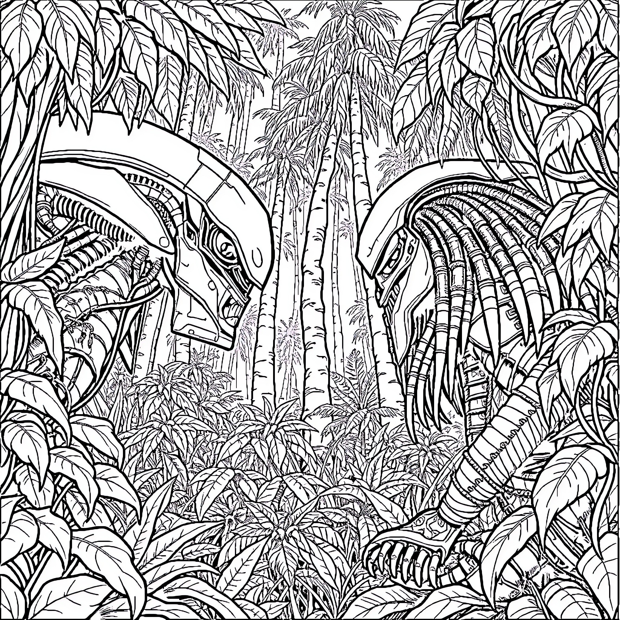 Alien Encounter in the Lush Jungle Landscape Coloring Page (free black-and-white line drawing printable PDF for all, from beginners to advanced learners, including children, teens, adults, and seniors)