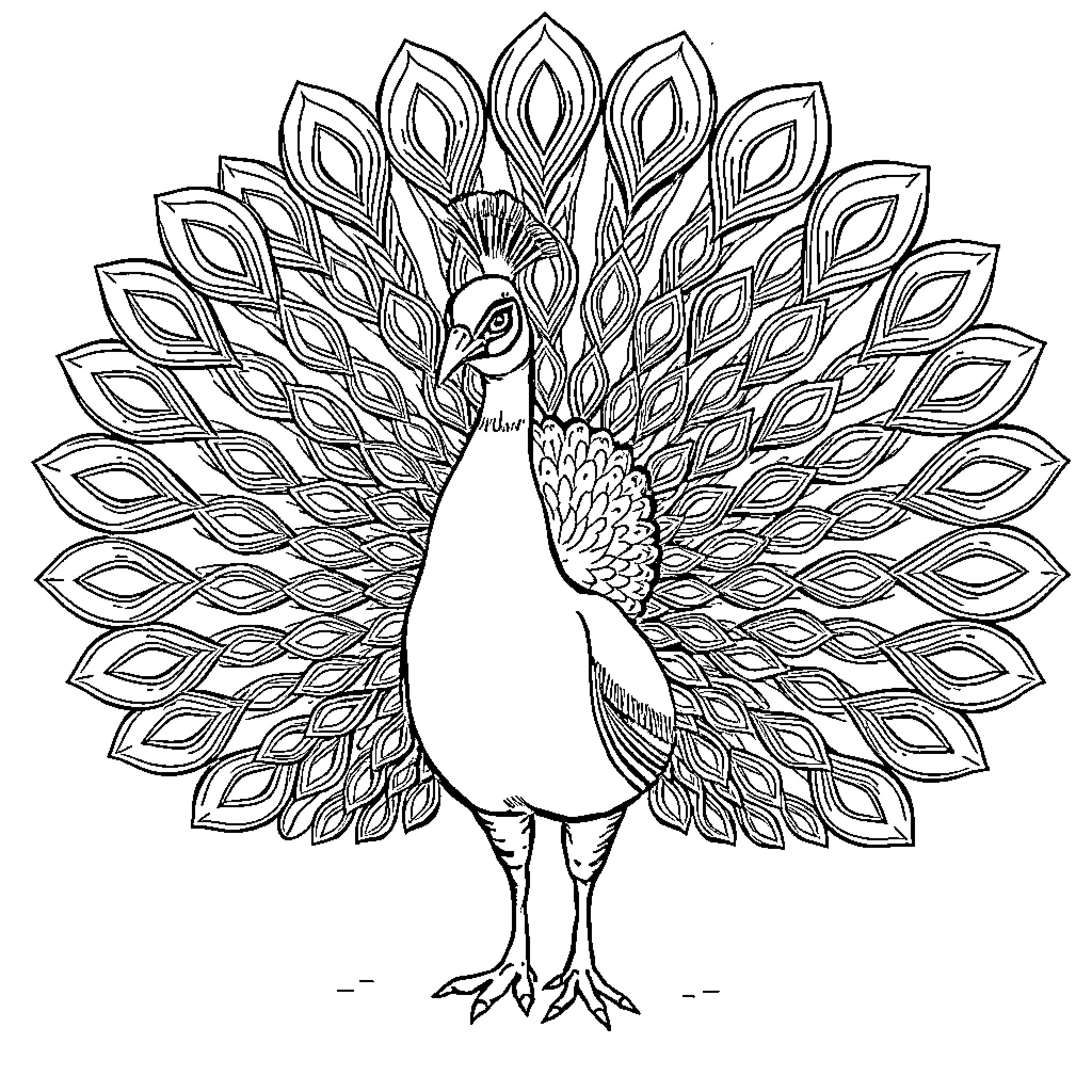 Peacock displaying its magnificent plumage Coloring Page (free black-and-white line drawing printable PDF for all, from beginners to advanced learners, including children, teens, adults, and seniors)