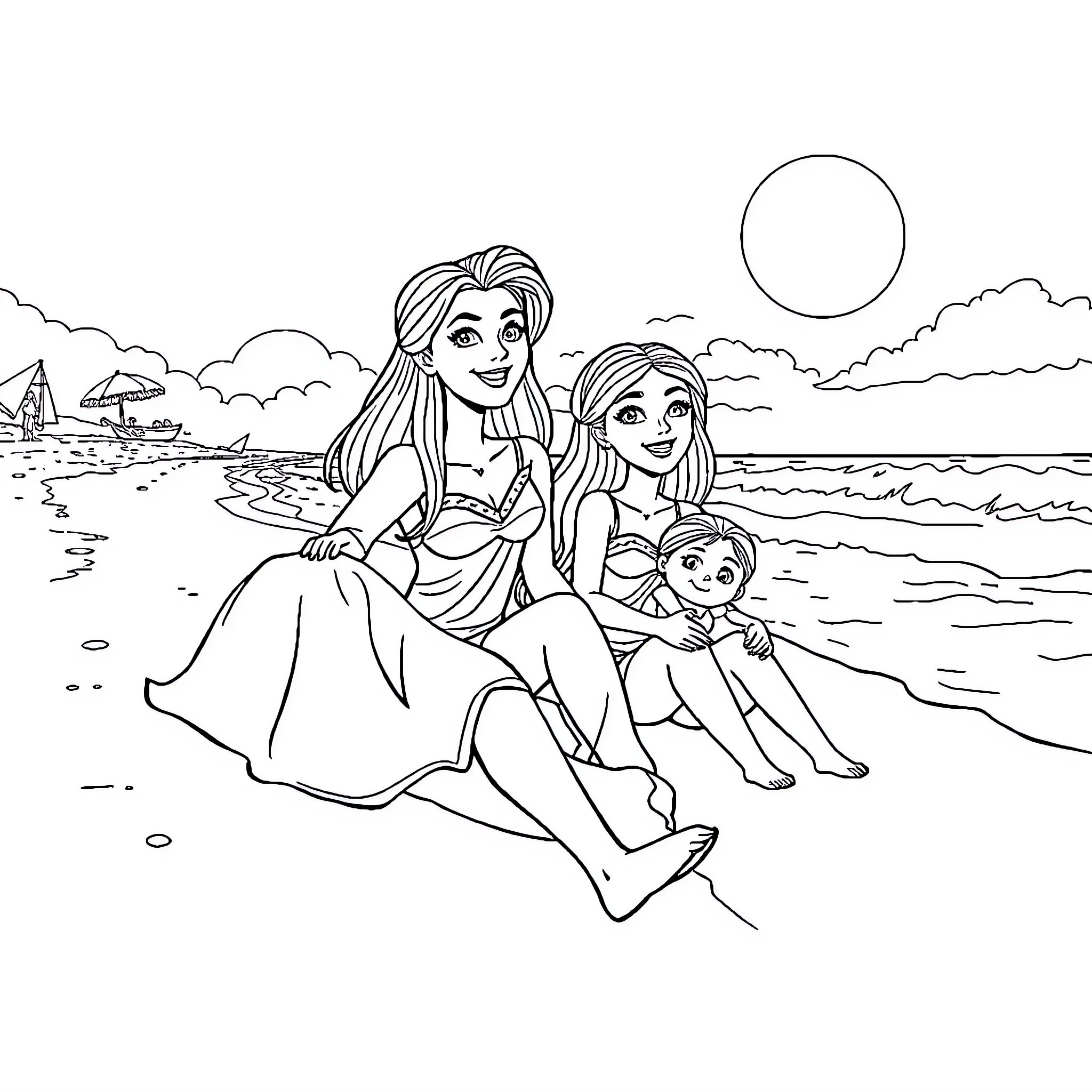 Family Enjoying a Peaceful Beach Day Coloring Page (free black-and-white line drawing printable PDF for all, from beginners to advanced learners, including children, teens, adults, and seniors)