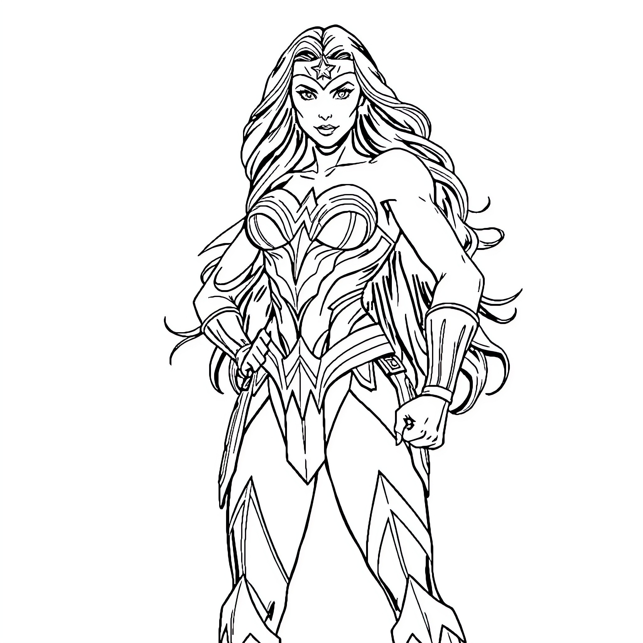 Wonder Woman in heroic warrior pose Coloring Page (free black-and-white line drawing printable PDF for all, from beginners to advanced learners, including children, teens, adults, and seniors)