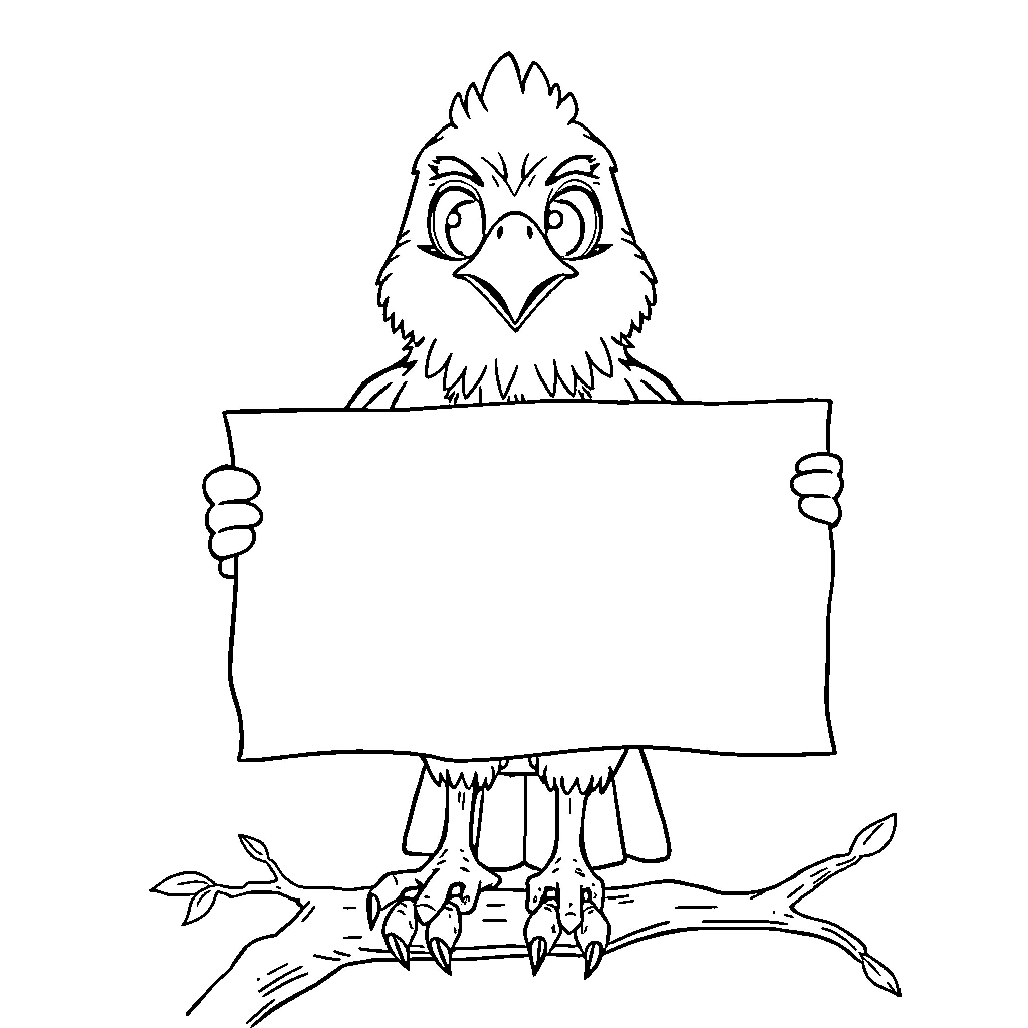 Hawk holding a blank sign on a tree branch Coloring Page (free black-and-white line drawing printable PDF for all, from beginners to advanced learners, including children, teens, adults, and seniors)