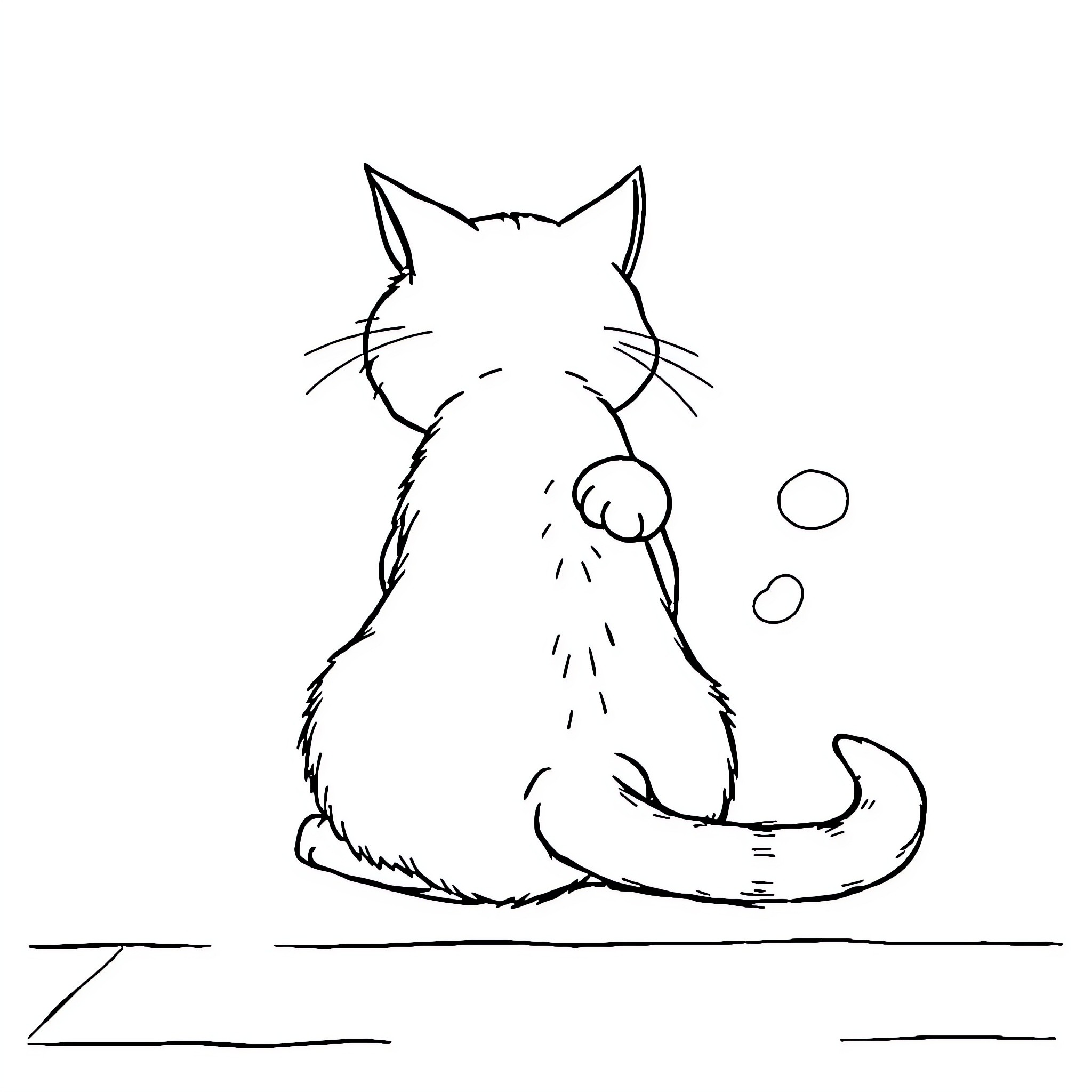 Cat sitting contentedly on a surface Coloring Page (free black-and-white line drawing printable PDF for all, from beginners to advanced learners, including children, teens, adults, and seniors)