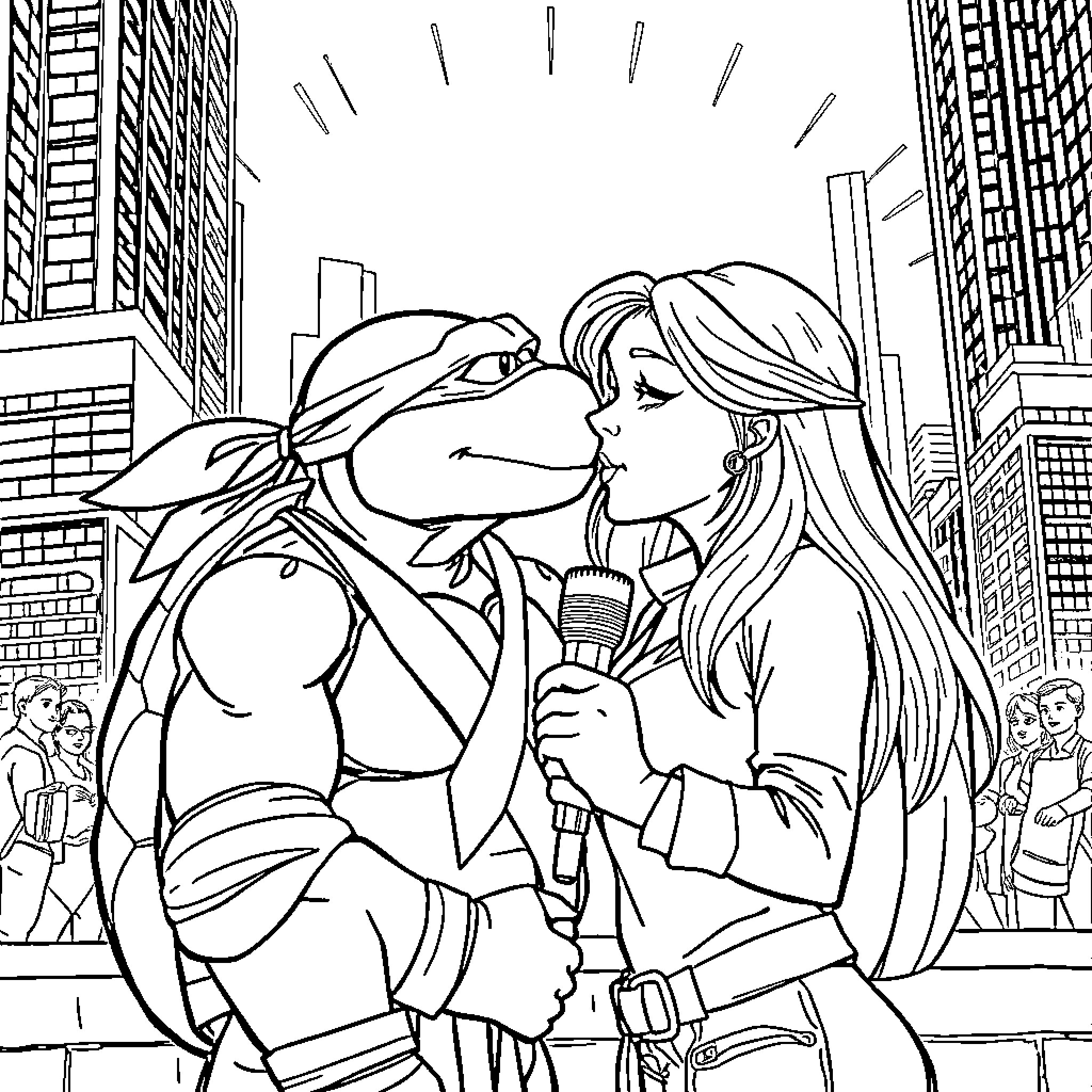 Michaelangelo's Passionate Embrace in the City Coloring Page (free black-and-white line drawing printable PDF for all, from beginners to advanced learners, including children, teens, adults, and seniors)