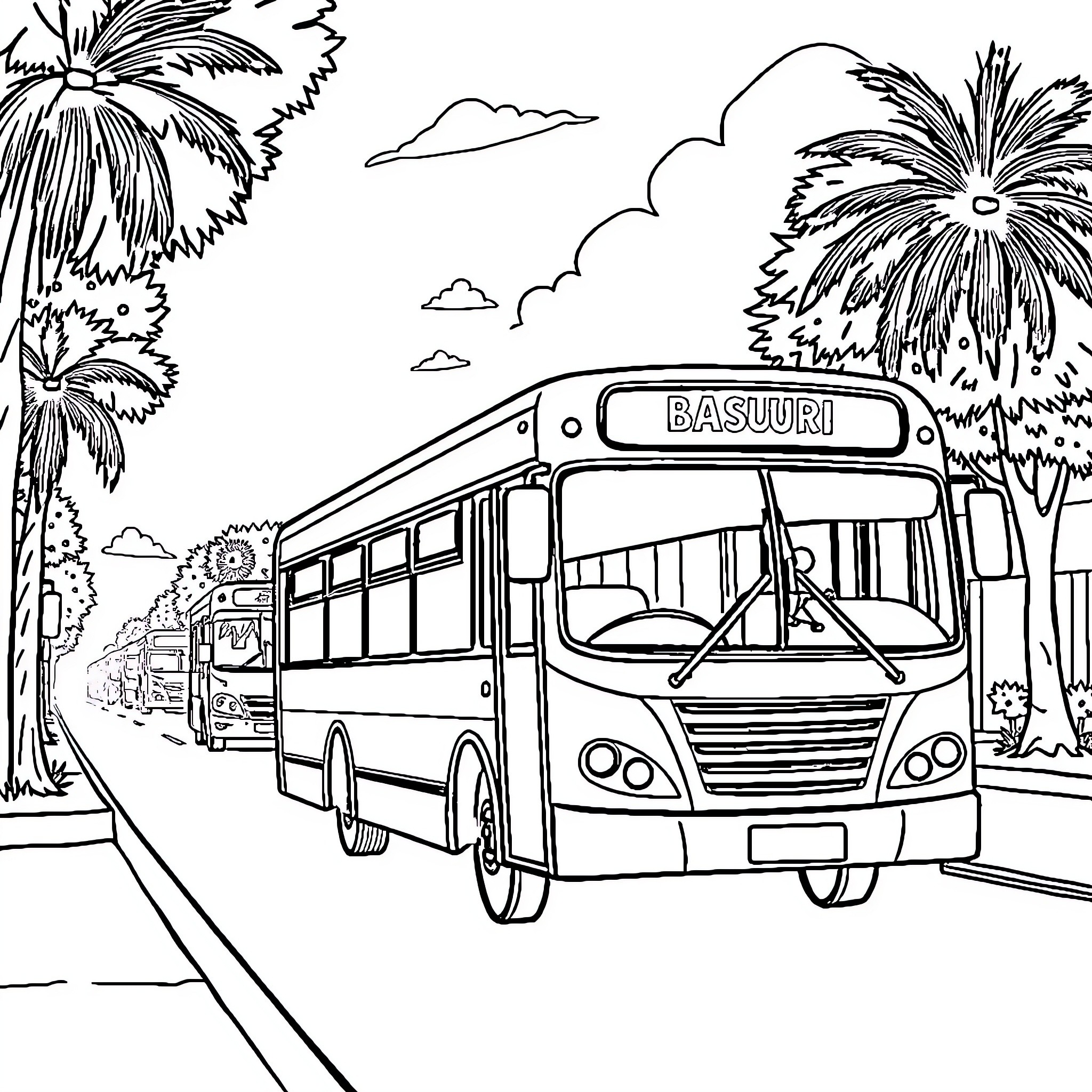 Bus passing through tropical landscape Coloring Page (free black-and-white line drawing printable PDF for all, from beginners to advanced learners, including children, teens, adults, and seniors)