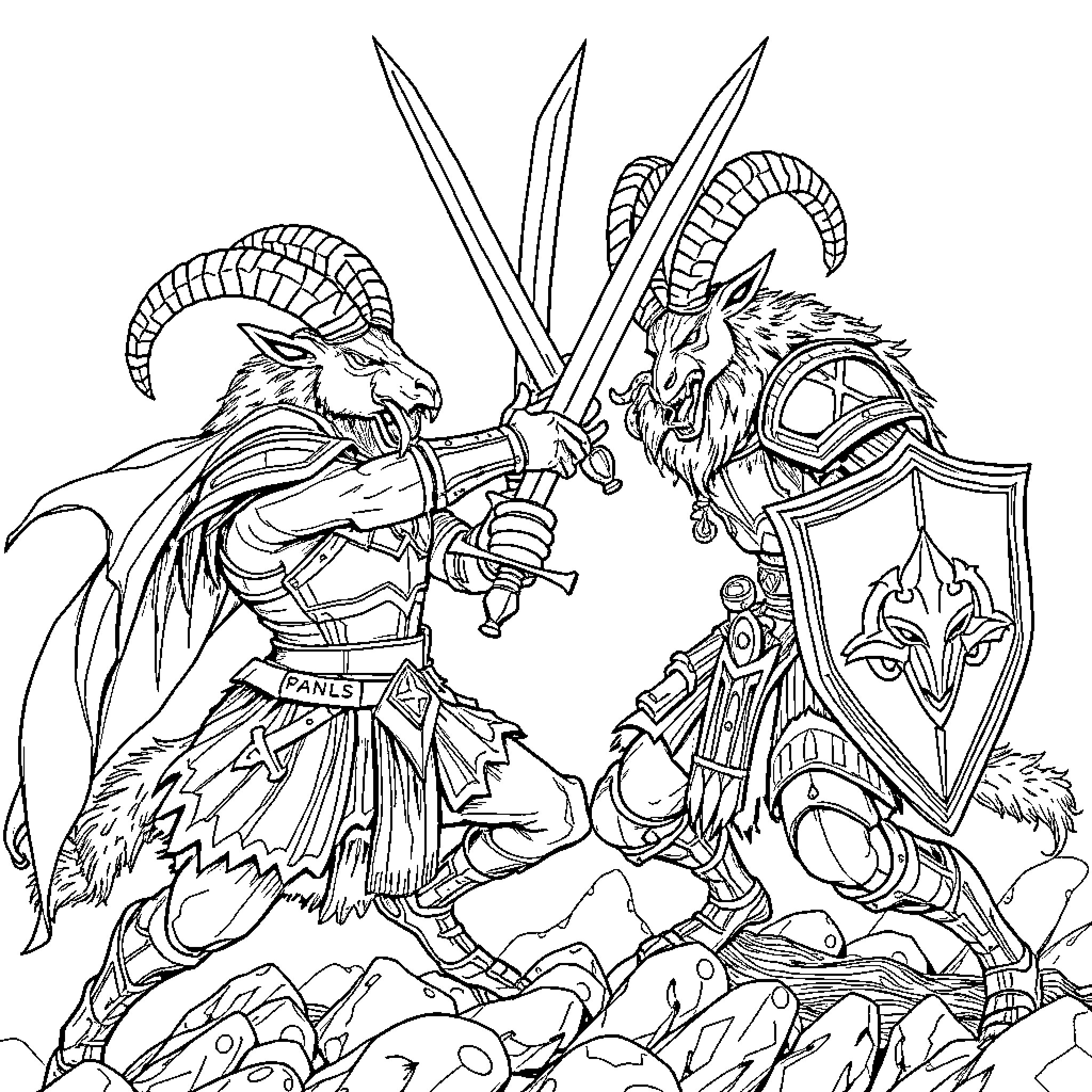 Goat warriors in fierce battle with swords and shields Coloring Page (free black-and-white line drawing printable PDF for all, from beginners to advanced learners, including children, teens, adults, and seniors)