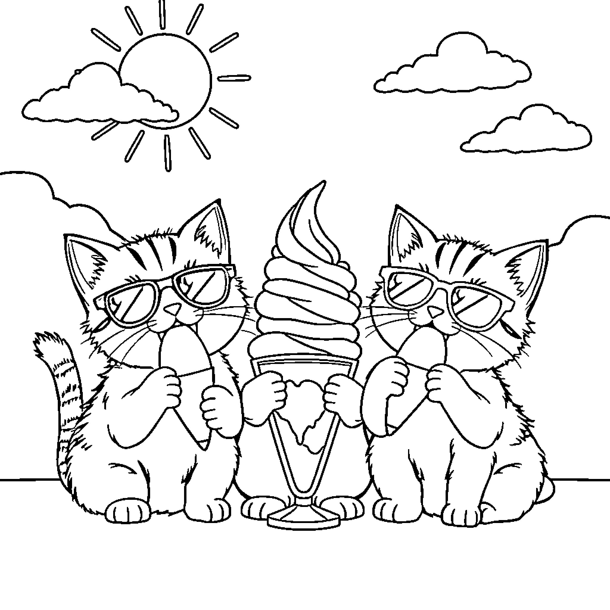 Kitty cats enjoying ice cream on a sunny day Coloring Page (free black-and-white line drawing printable PDF for all, from beginners to advanced learners, including children, teens, adults, and seniors)