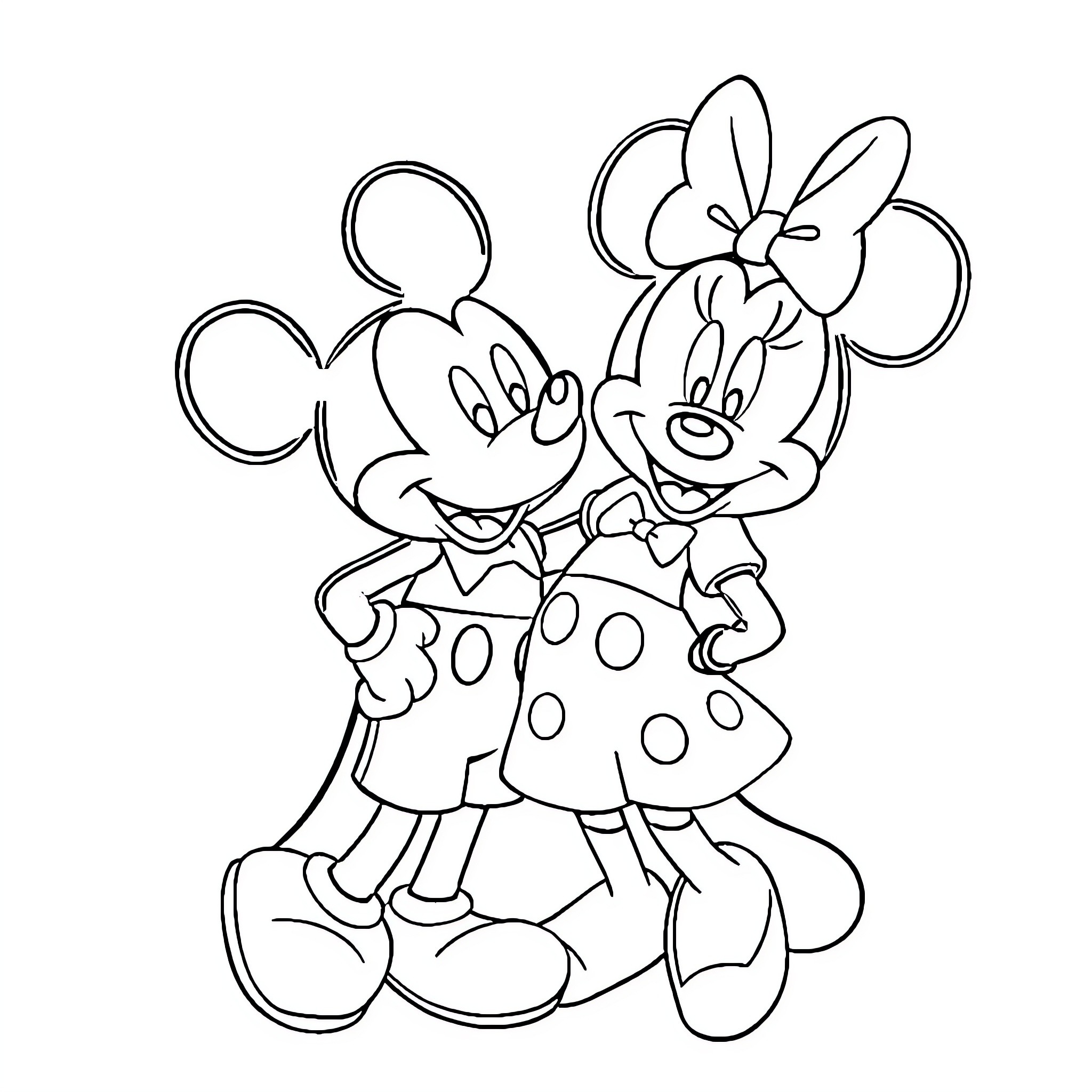 Mickey Mouse and Minnie Mouse in Playful Embrace Coloring Page (free black-and-white line drawing printable PDF for all, from beginners to advanced learners, including children, teens, adults, and seniors)