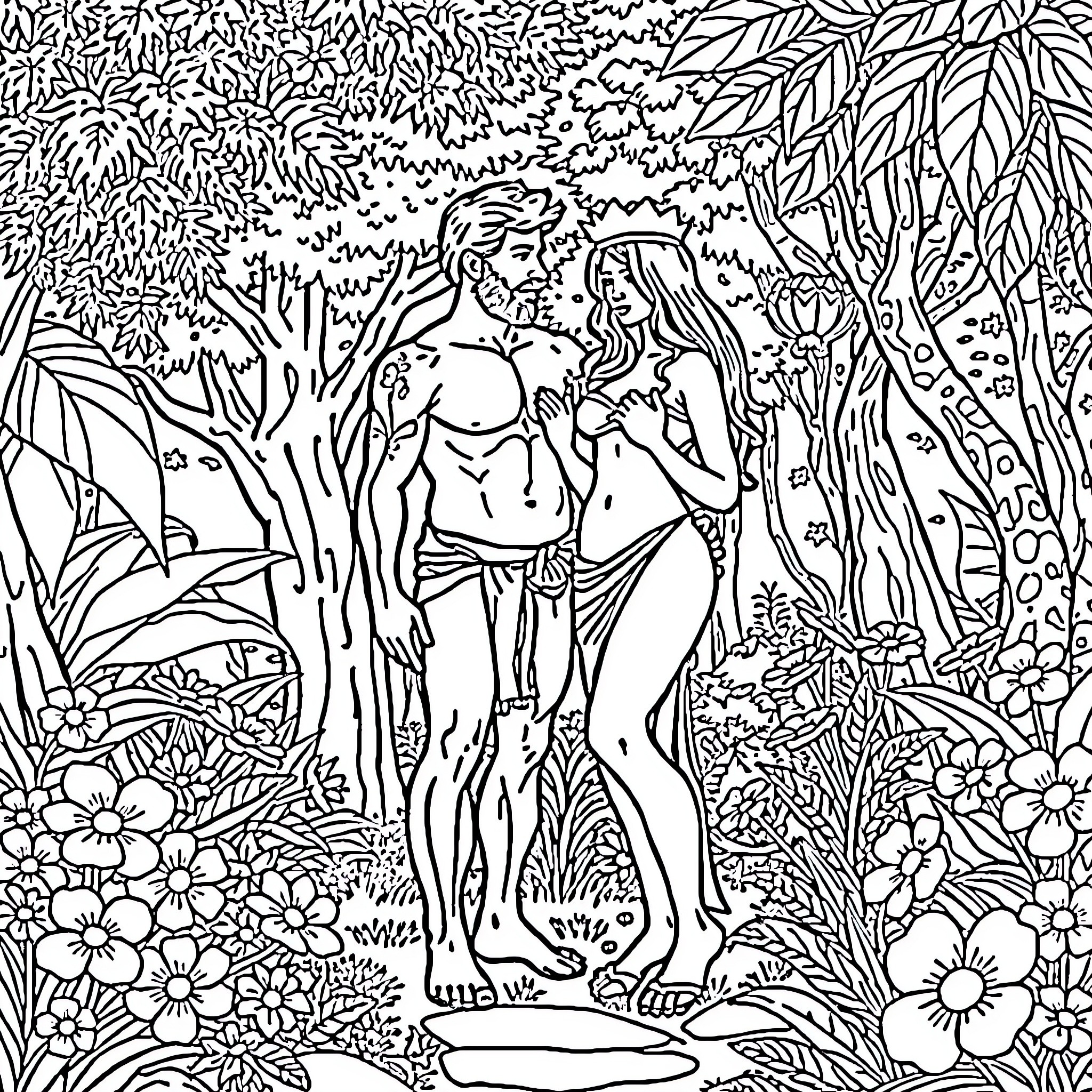 Adam and Eve in the Garden of Eden Coloring Page (free black-and-white line drawing printable PDF for all, from beginners to advanced learners, including children, teens, adults, and seniors)