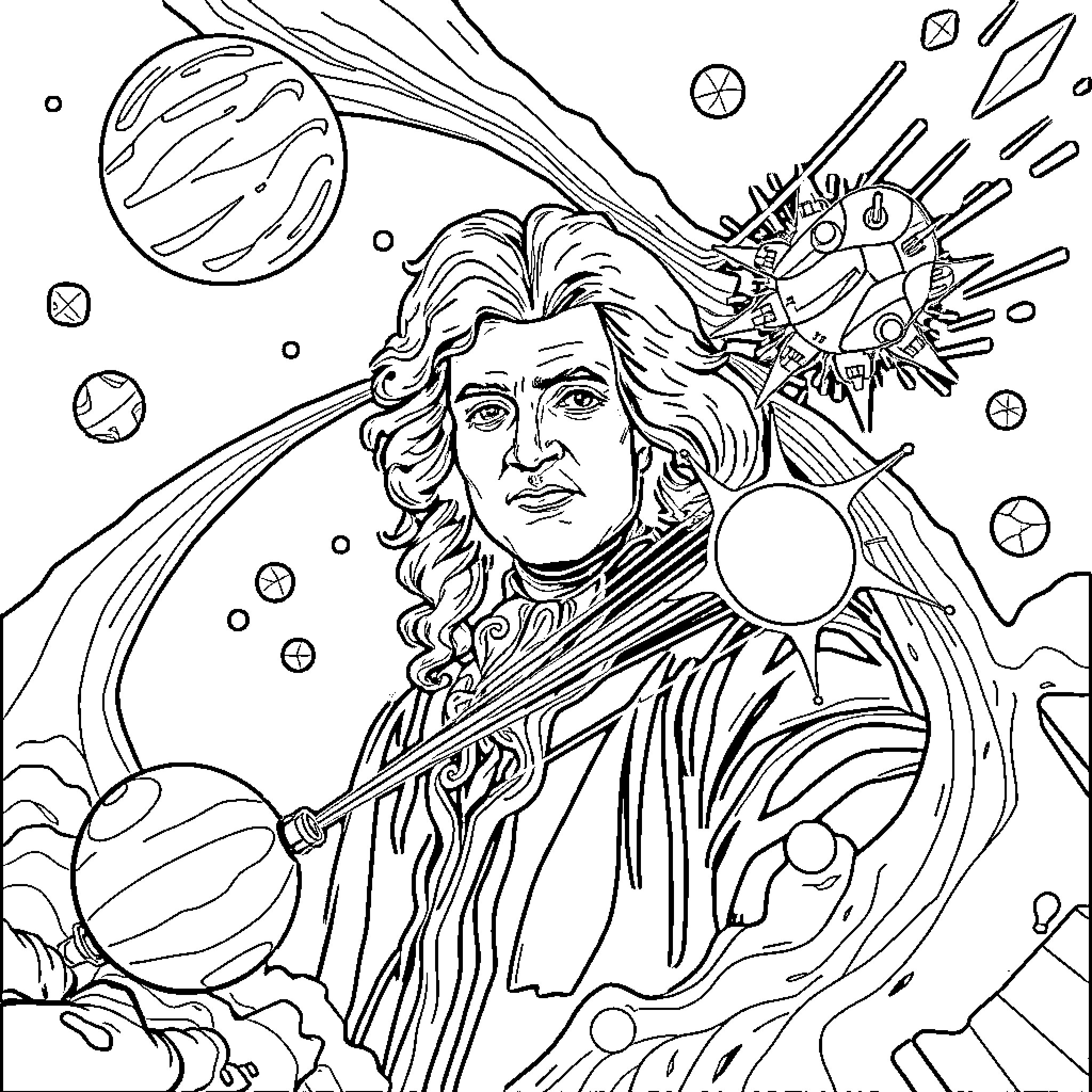Newton exploring the wonders of the cosmos Coloring Page (free black-and-white line drawing printable PDF for all, from beginners to advanced learners, including children, teens, adults, and seniors)
