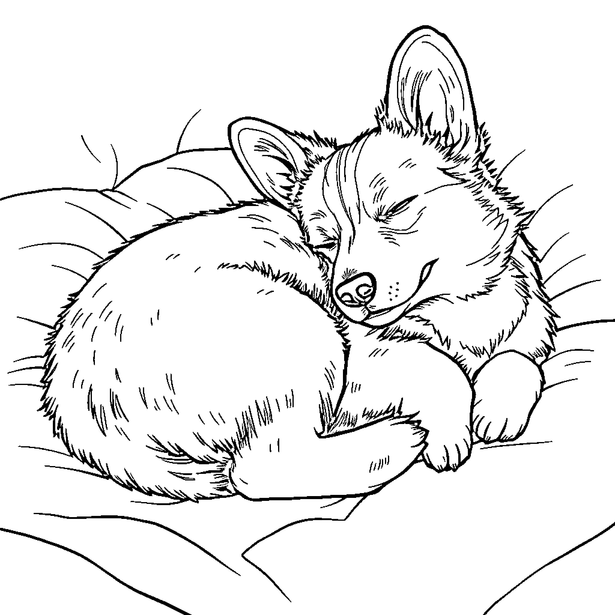 Corgi curled up in cozy bed Coloring Page (free black-and-white line drawing printable PDF for all, from beginners to advanced learners, including children, teens, adults, and seniors)