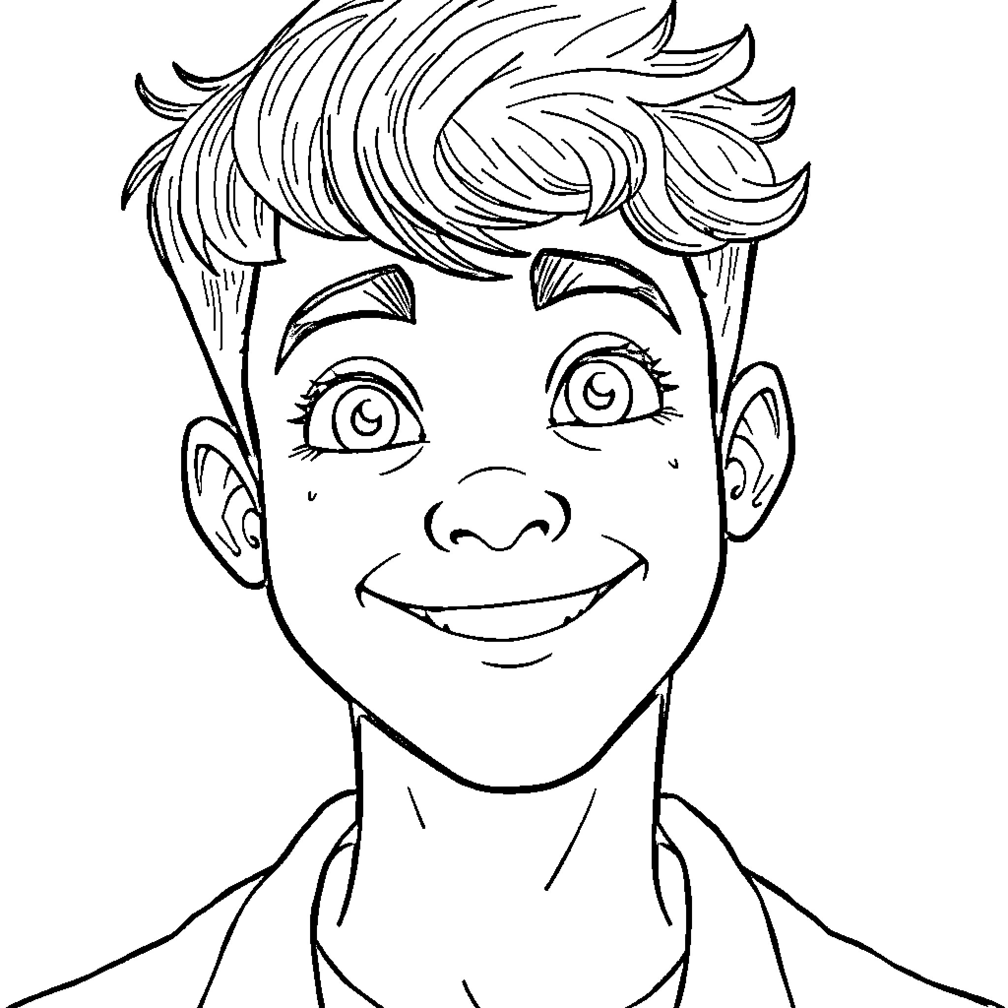 Anime-style Boy's Cheerful Facial Expression Coloring Page (free black-and-white line drawing printable PDF for all, from beginners to advanced learners, including children, teens, adults, and seniors)