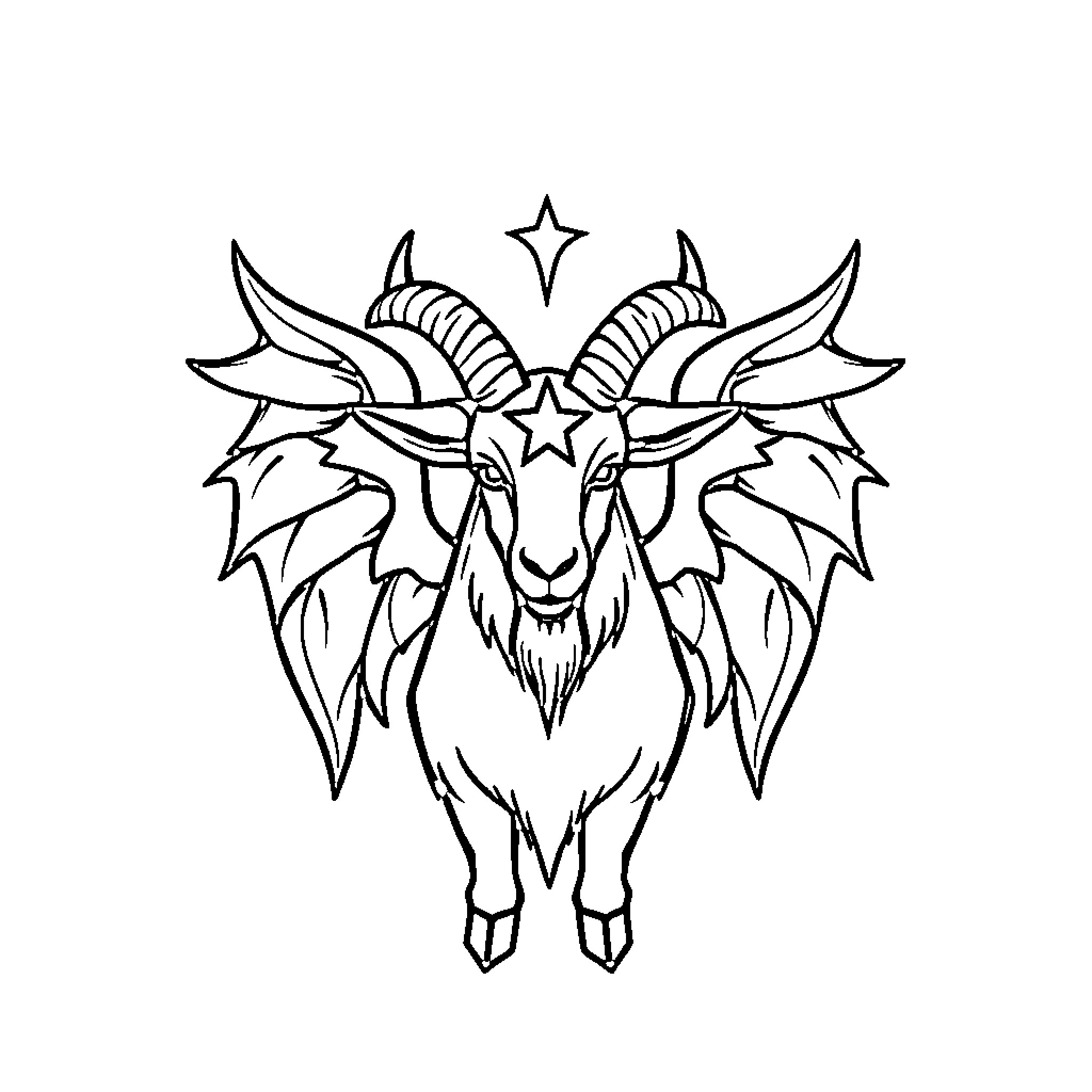 Baphomet - Occult Deity with Horns and Stars Coloring Page (free black-and-white line drawing printable PDF for all, from beginners to advanced learners, including children, teens, adults, and seniors)