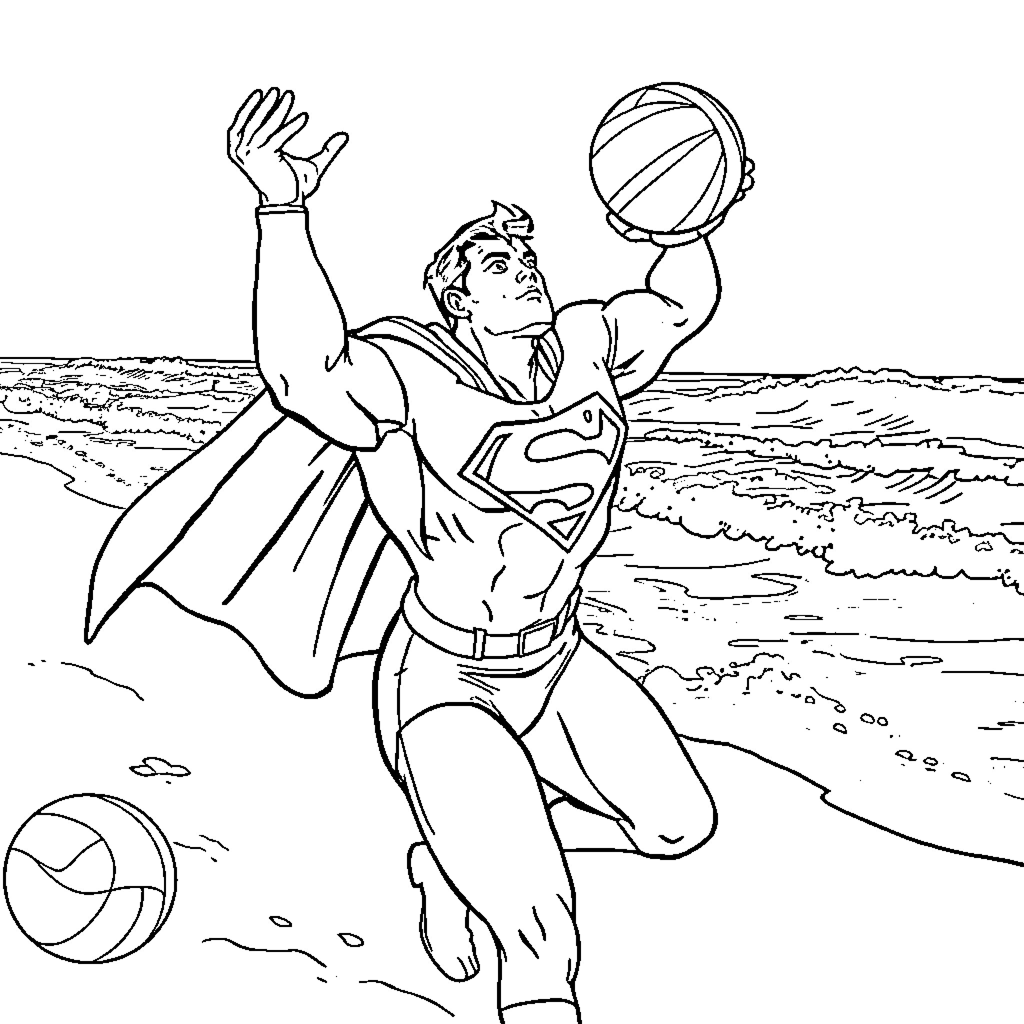 Superman leaping with a volleyball on the beach Coloring Page (free black-and-white line drawing printable PDF for all, from beginners to advanced learners, including children, teens, adults, and seniors)