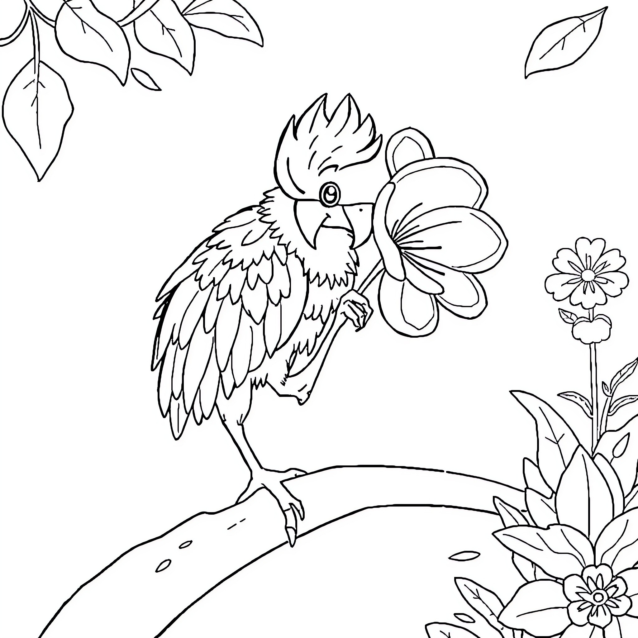 Animal perched on branch with flowers Coloring Page (free black-and-white line drawing printable PDF for all, from beginners to advanced learners, including children, teens, adults, and seniors)