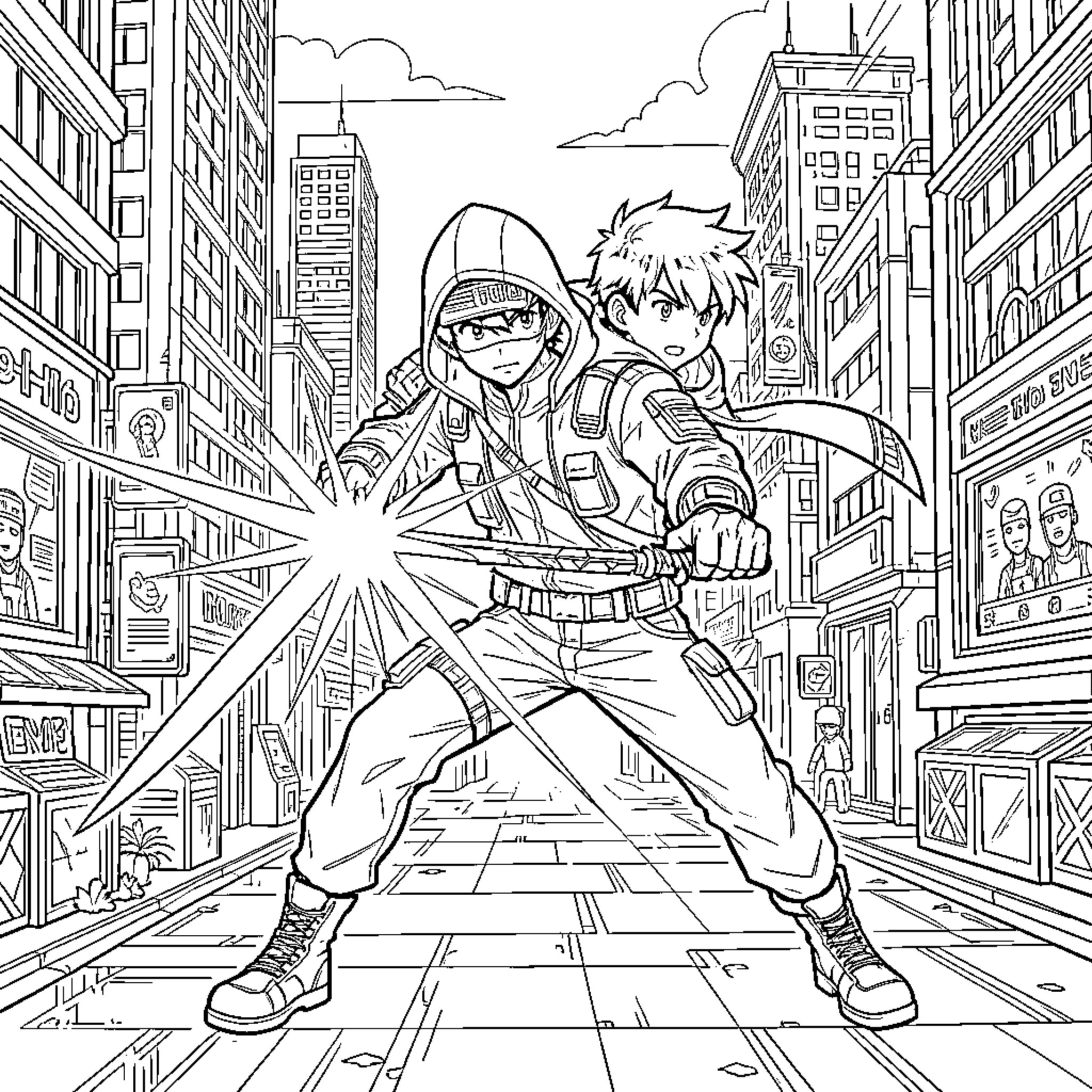 Anime Hacker Unleashes Digital Mayhem in the City Coloring Page (free black-and-white line drawing printable PDF for all, from beginners to advanced learners, including children, teens, adults, and seniors)