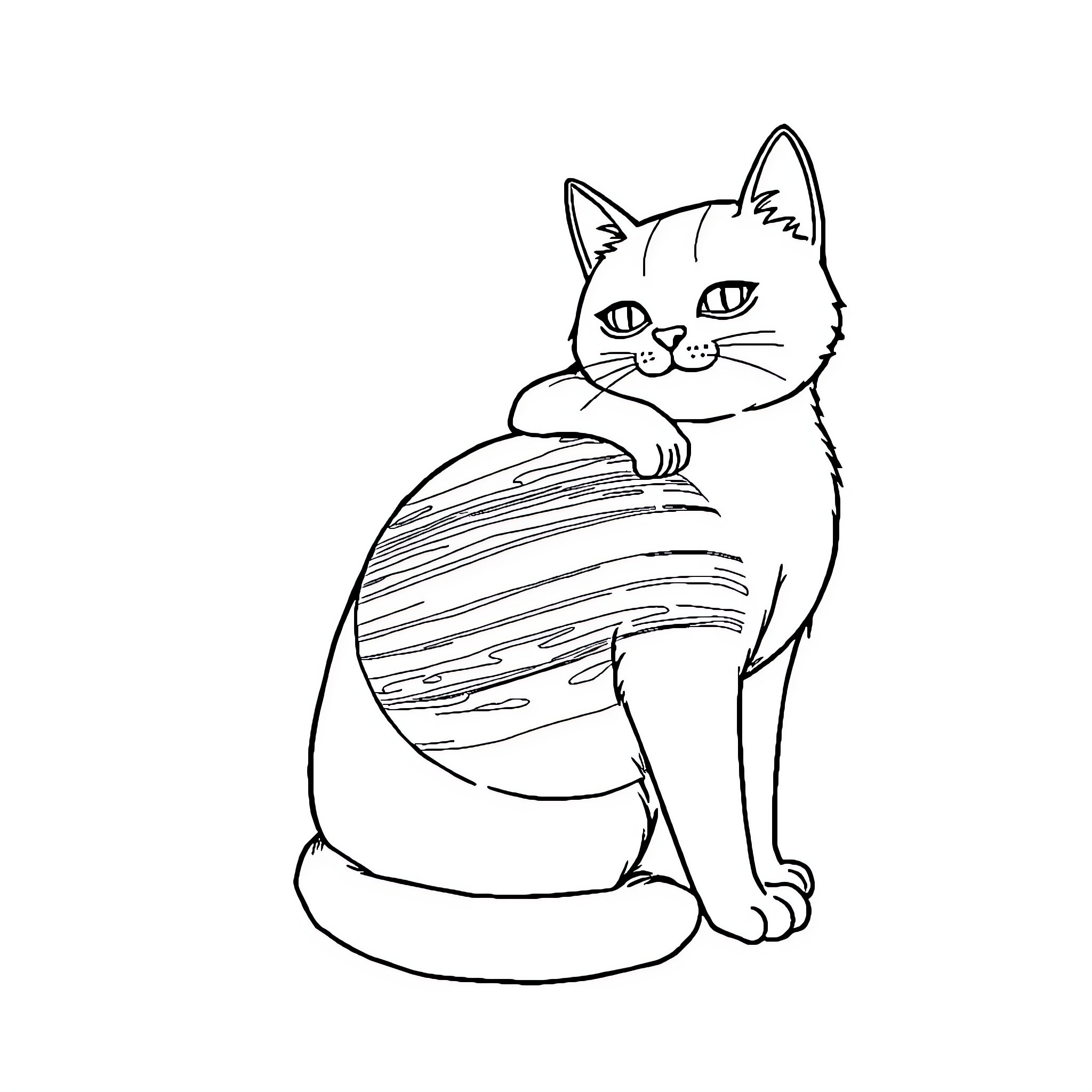 Cat sitting on striped cushion Coloring Page (free black-and-white line drawing printable PDF for all, from beginners to advanced learners, including children, teens, adults, and seniors)