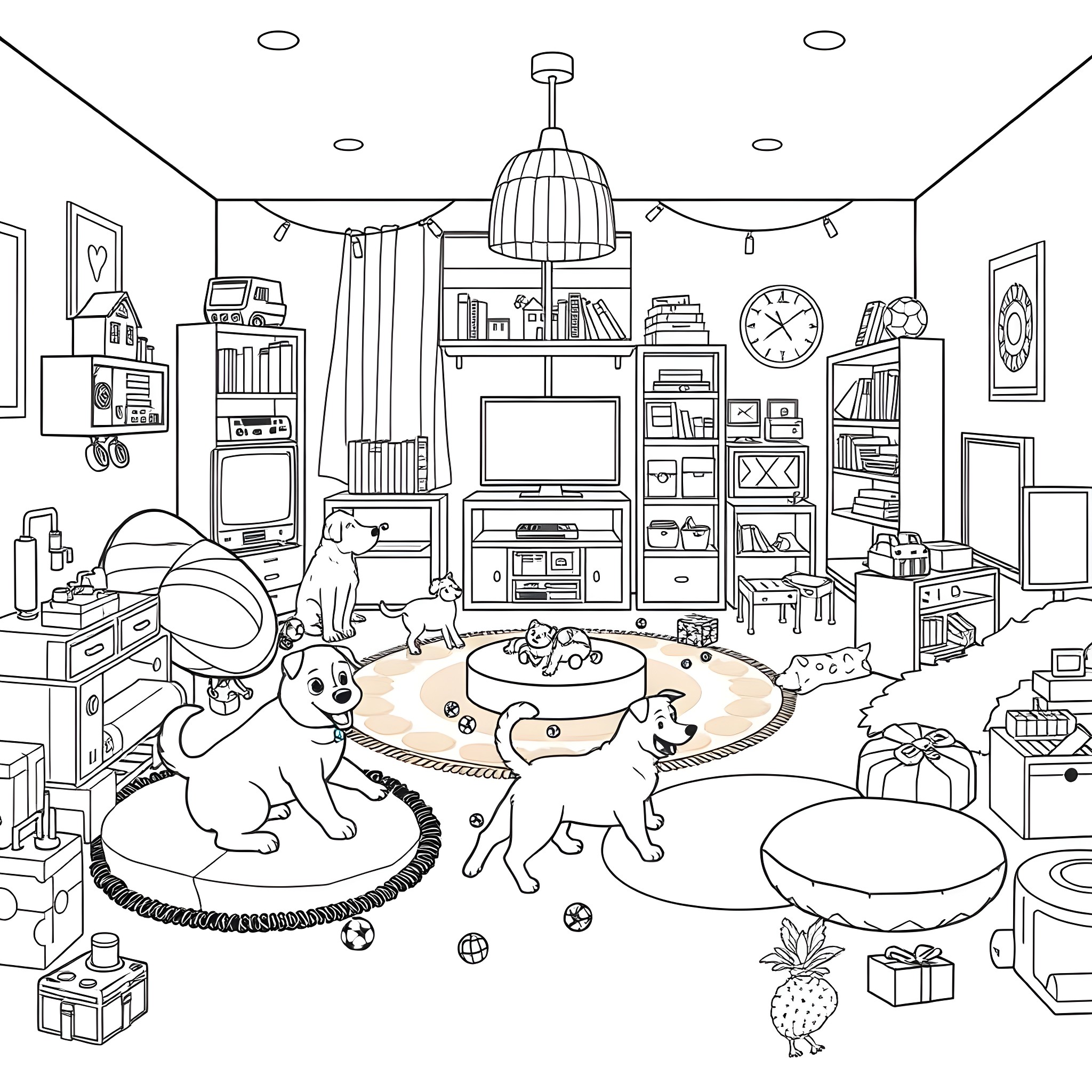 Child playing with puppies in a cozy living room Coloring Page (free black-and-white line drawing printable PDF for all, from beginners to advanced learners, including children, teens, adults, and seniors)