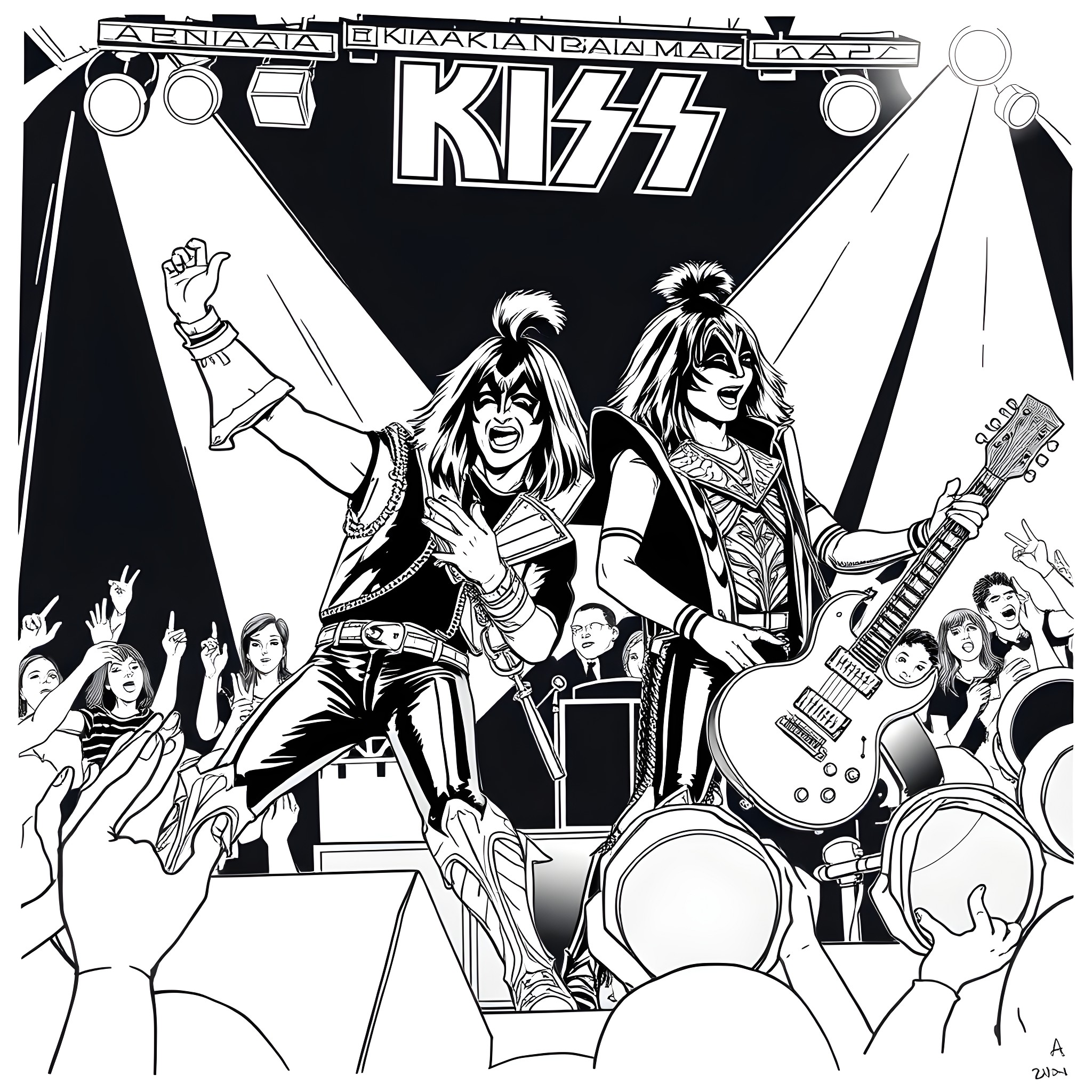 Wayne's Energetic KISS Concert Performance Coloring Page (free black-and-white line drawing printable PDF for all, from beginners to advanced learners, including children, teens, adults, and seniors)
