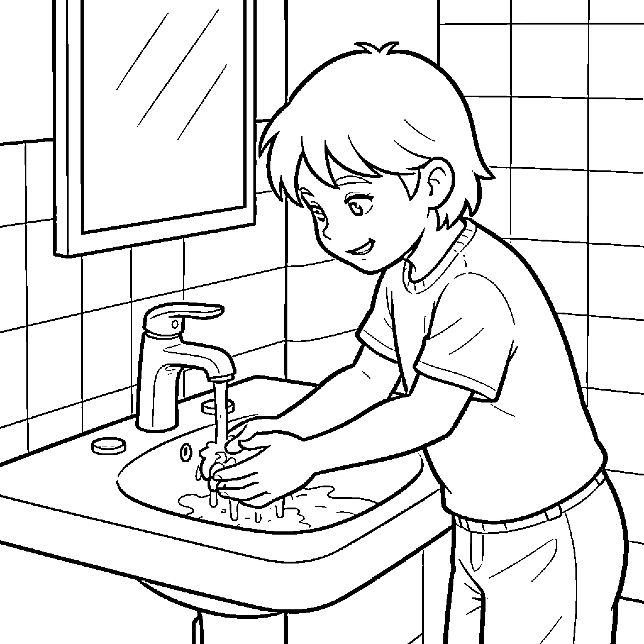 Reece washing hands at the bathroom sink Coloring Page (free black-and-white line drawing printable PDF for all, from beginners to advanced learners, including children, teens, adults, and seniors)