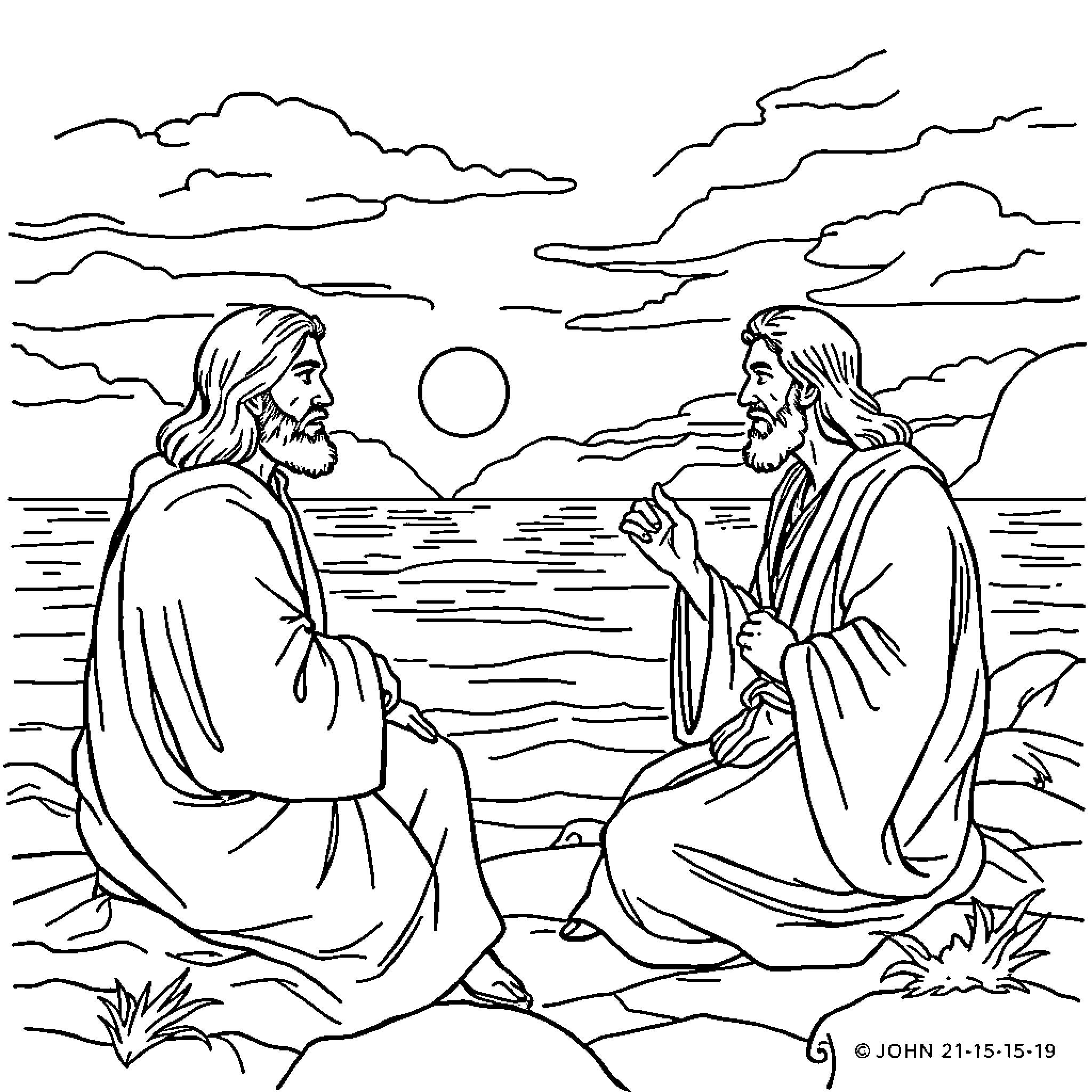 John 21: Jesus appears to the disciples by the sea Coloring Page (free black-and-white line drawing printable PDF for all, from beginners to advanced learners, including children, teens, adults, and seniors)