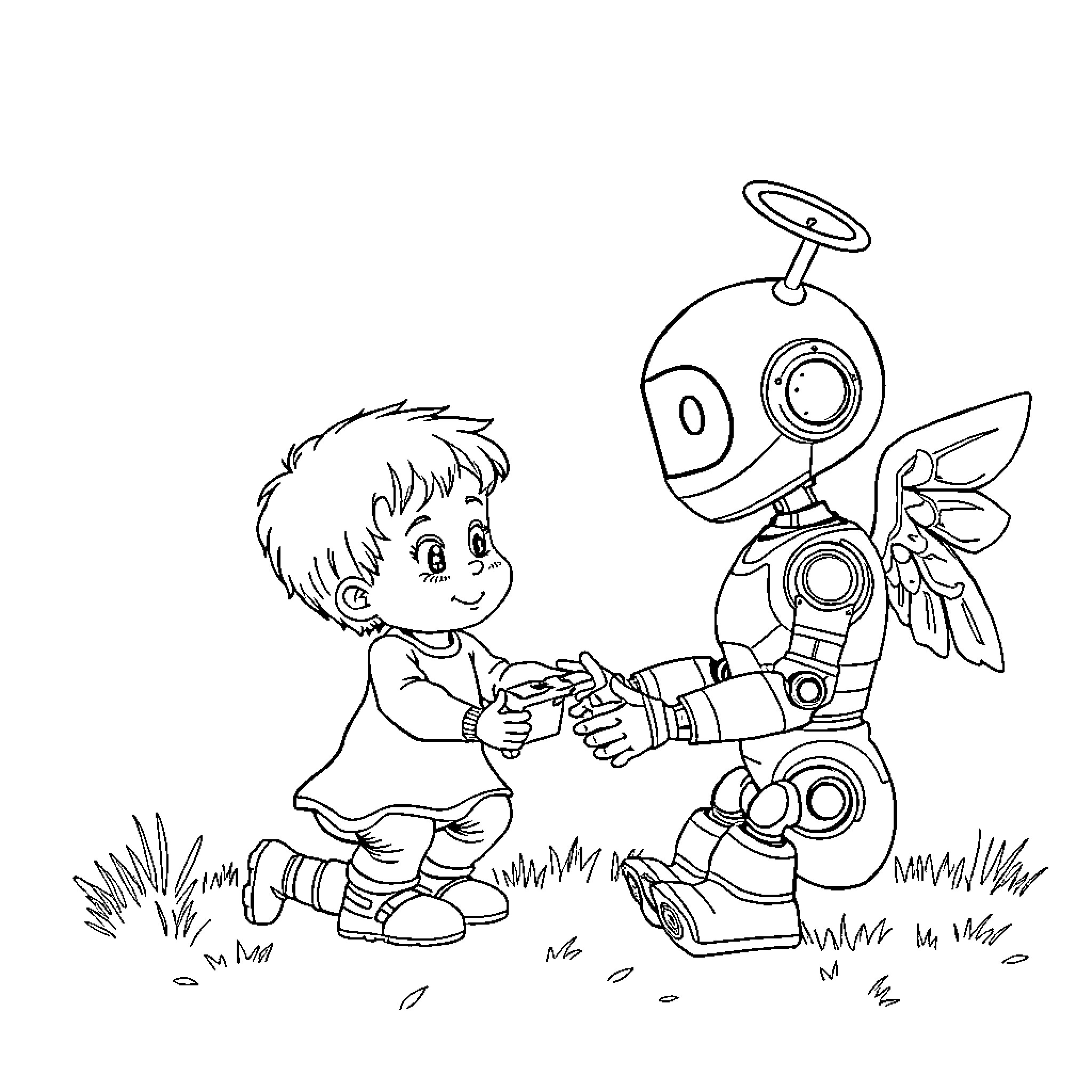 Child playing with friendly robot in the park Coloring Page (free black-and-white line drawing printable PDF for all, from beginners to advanced learners, including children, teens, adults, and seniors)