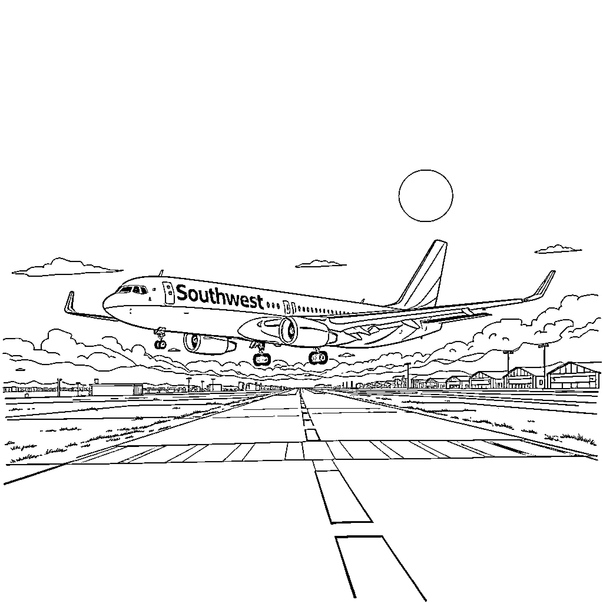 Plane taking off from airport runway Coloring Page (free black-and-white line drawing printable PDF for all, from beginners to advanced learners, including children, teens, adults, and seniors)