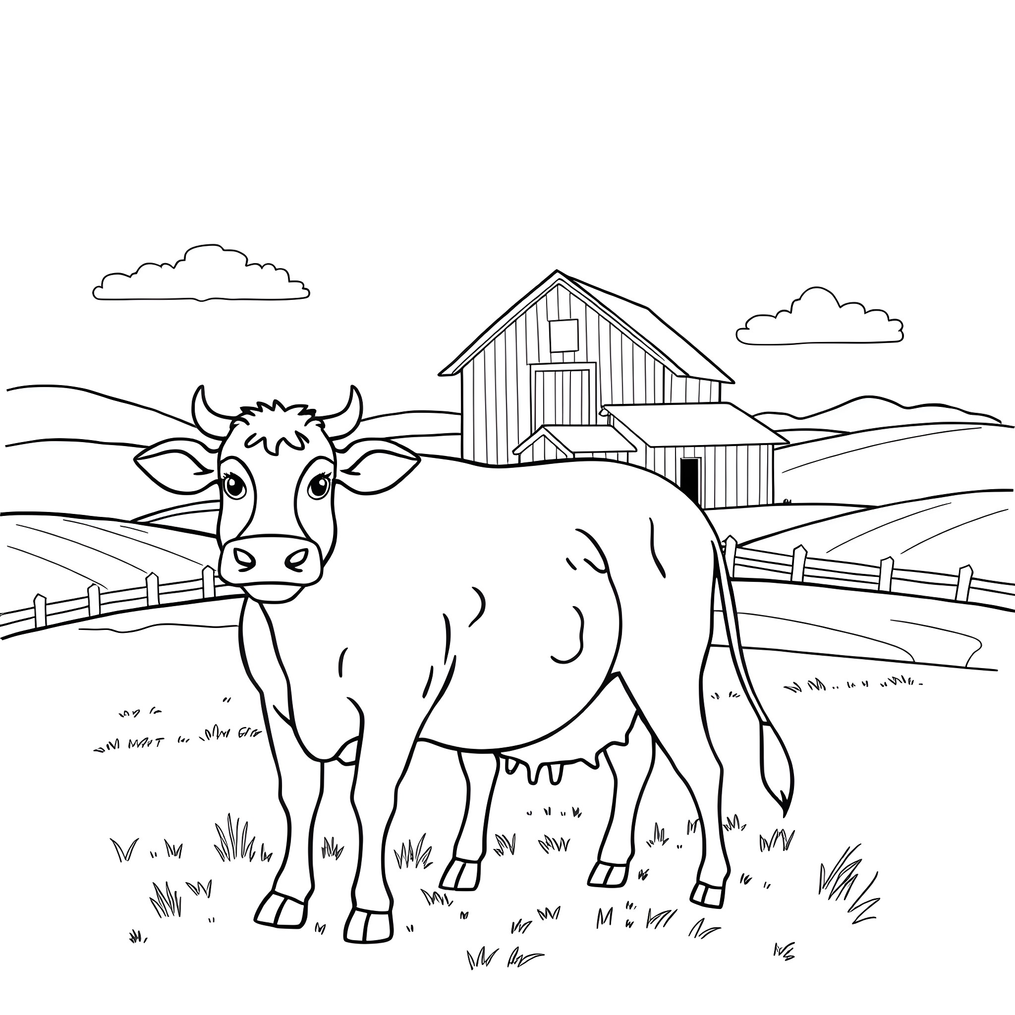 Farmer's cow in the countryside Coloring Page (free black-and-white line drawing printable PDF for all, from beginners to advanced learners, including children, teens, adults, and seniors)