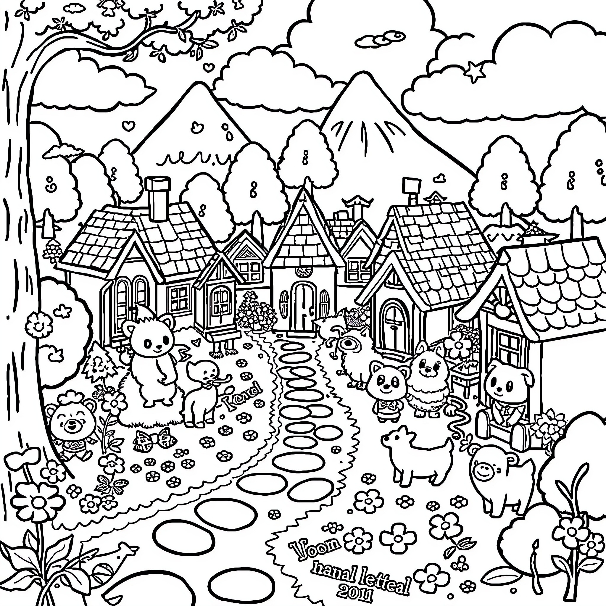 Animal Crossing Villagers Exploring Charming Village Coloring Page (free black-and-white line drawing printable PDF for all, from beginners to advanced learners, including children, teens, adults, and seniors)
