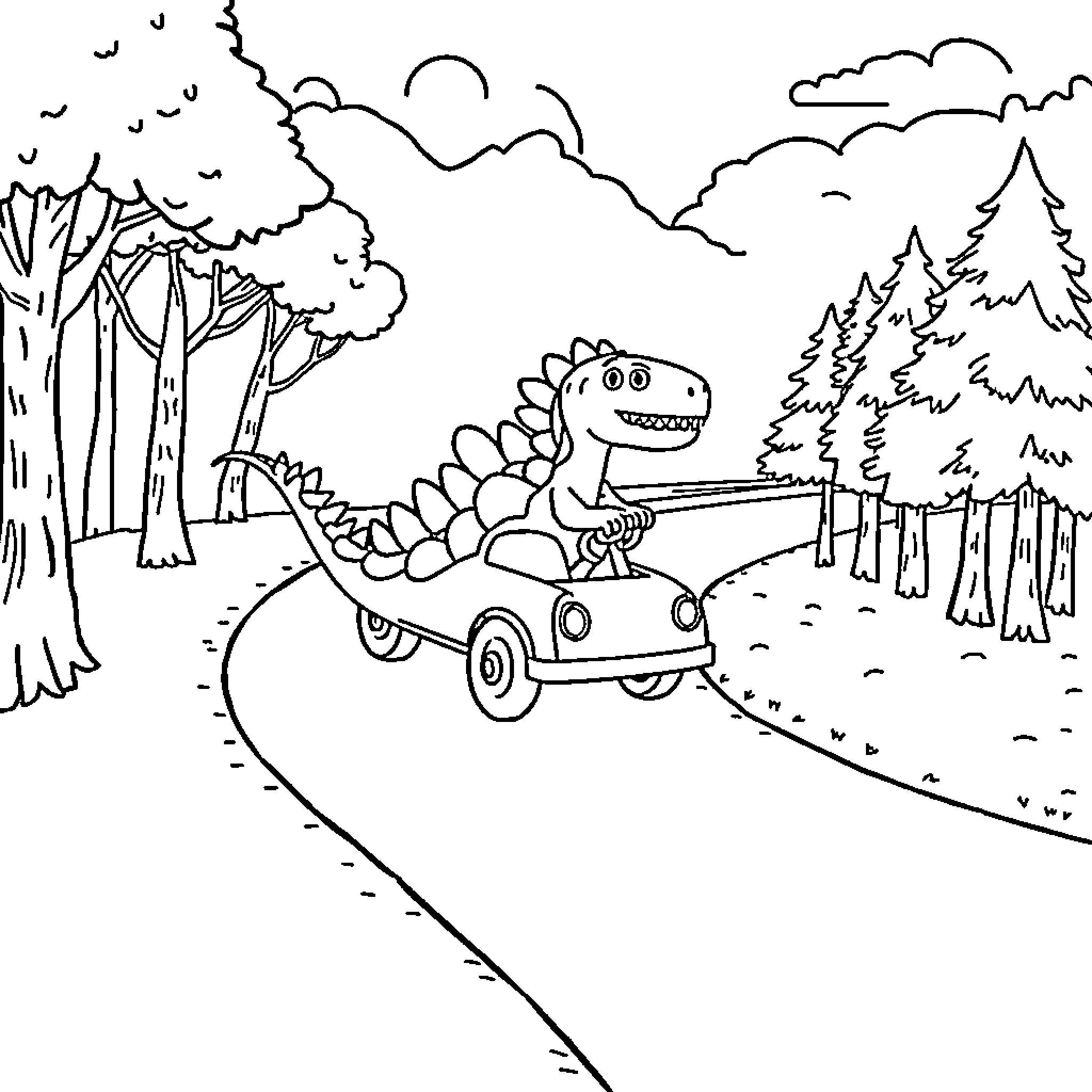 Dinosaur driving a car through the forest Coloring Page (free black-and-white line drawing printable PDF for all, from beginners to advanced learners, including children, teens, adults, and seniors)