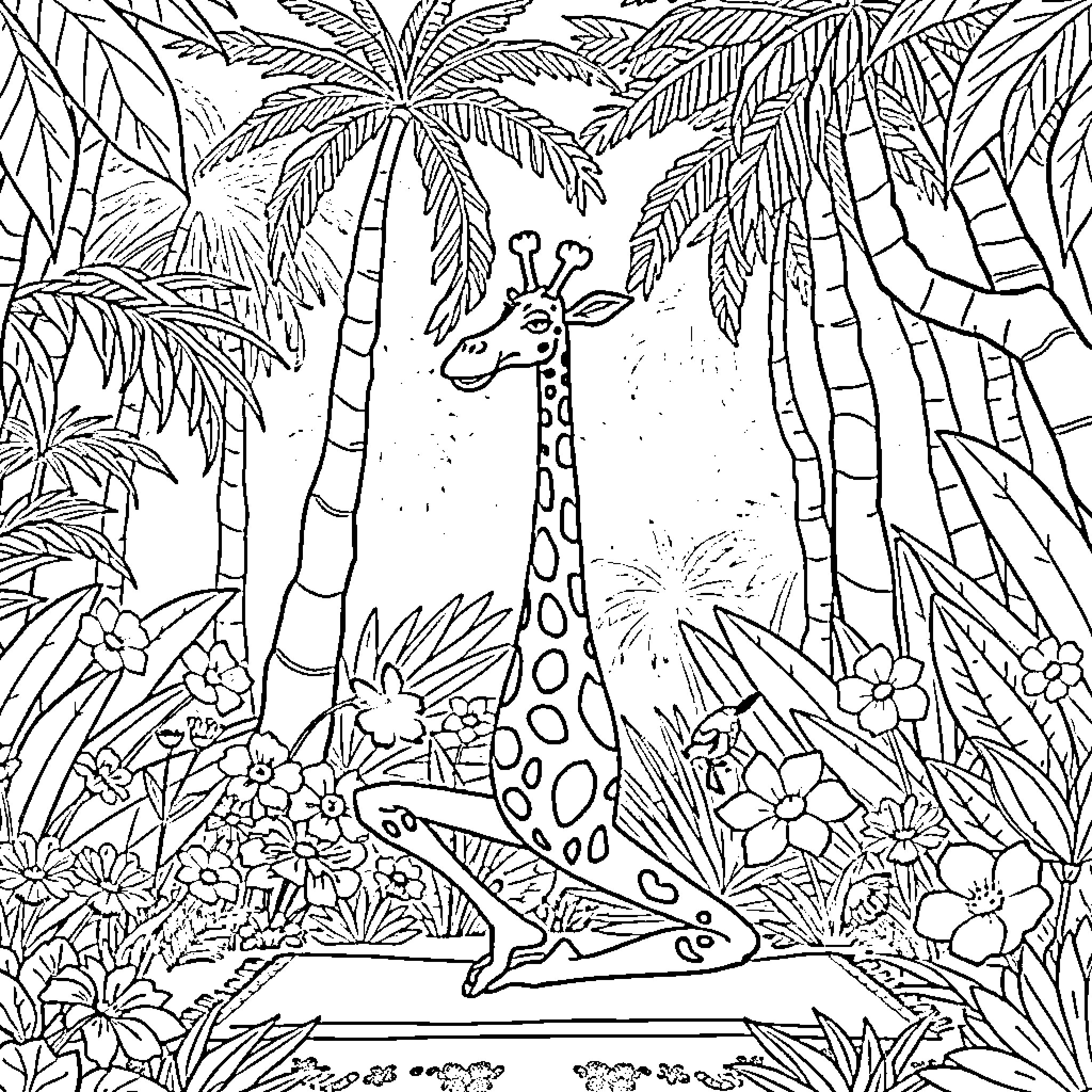 Gaston Lagaffe exploring a tropical jungle Coloring Page (free black-and-white line drawing printable PDF for all, from beginners to advanced learners, including children, teens, adults, and seniors)