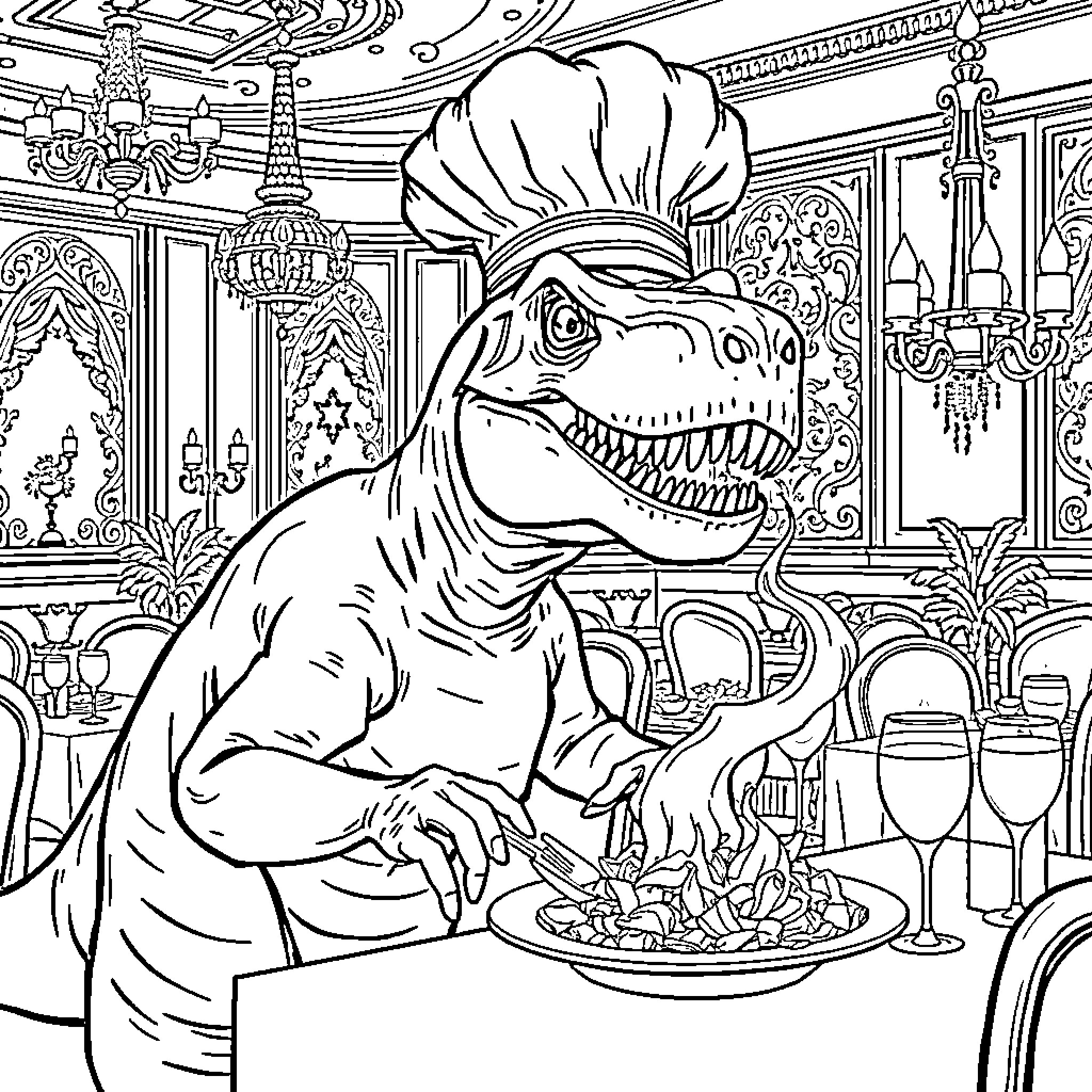 T-Rex Cooking a Fancy Meal in a Grand Dining Hall Coloring Page (free black-and-white line drawing printable PDF for all, from beginners to advanced learners, including children, teens, adults, and seniors)