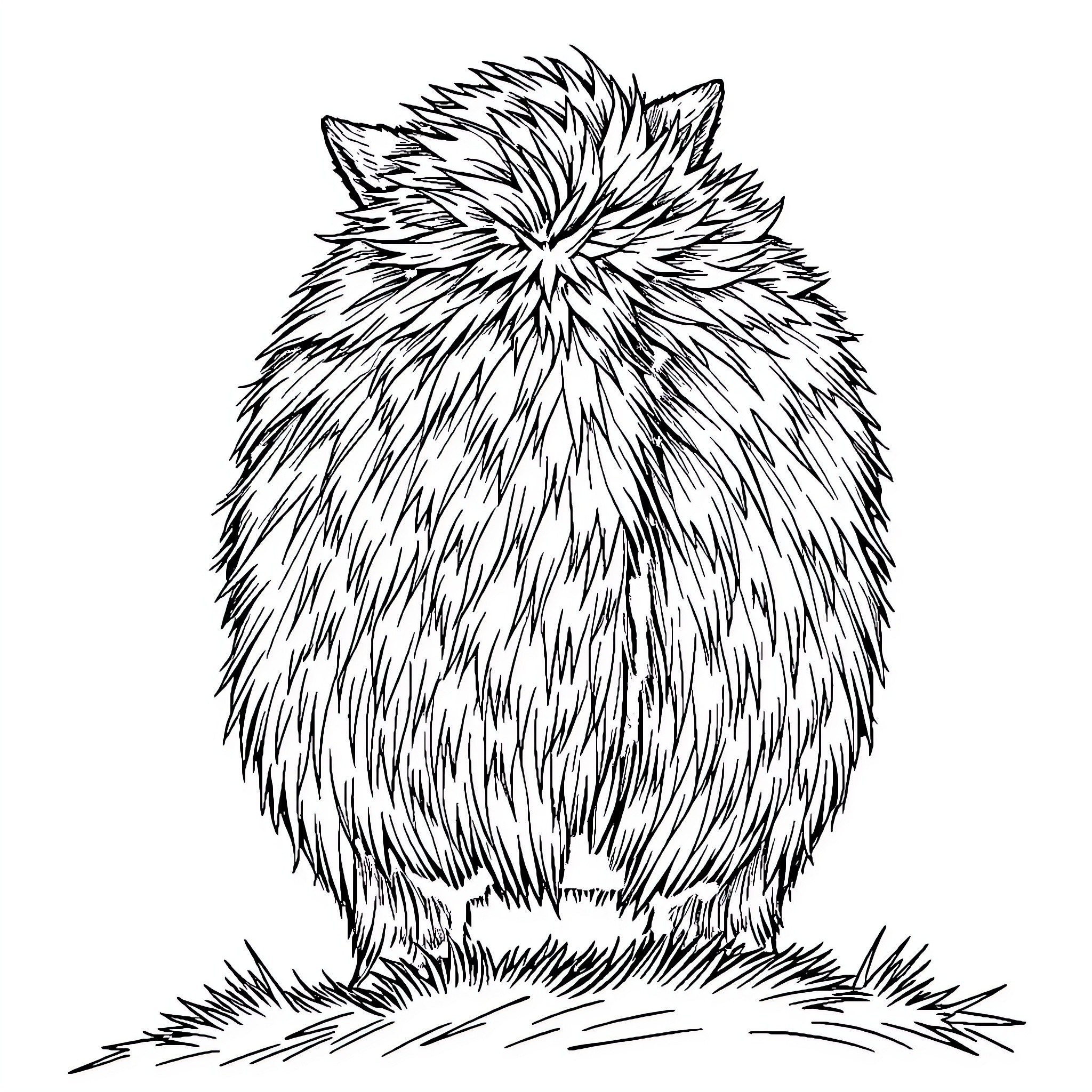 Amusing and Fluffy Creature in Monochrome Coloring Page (free black-and-white line drawing printable PDF for all, from beginners to advanced learners, including children, teens, adults, and seniors)