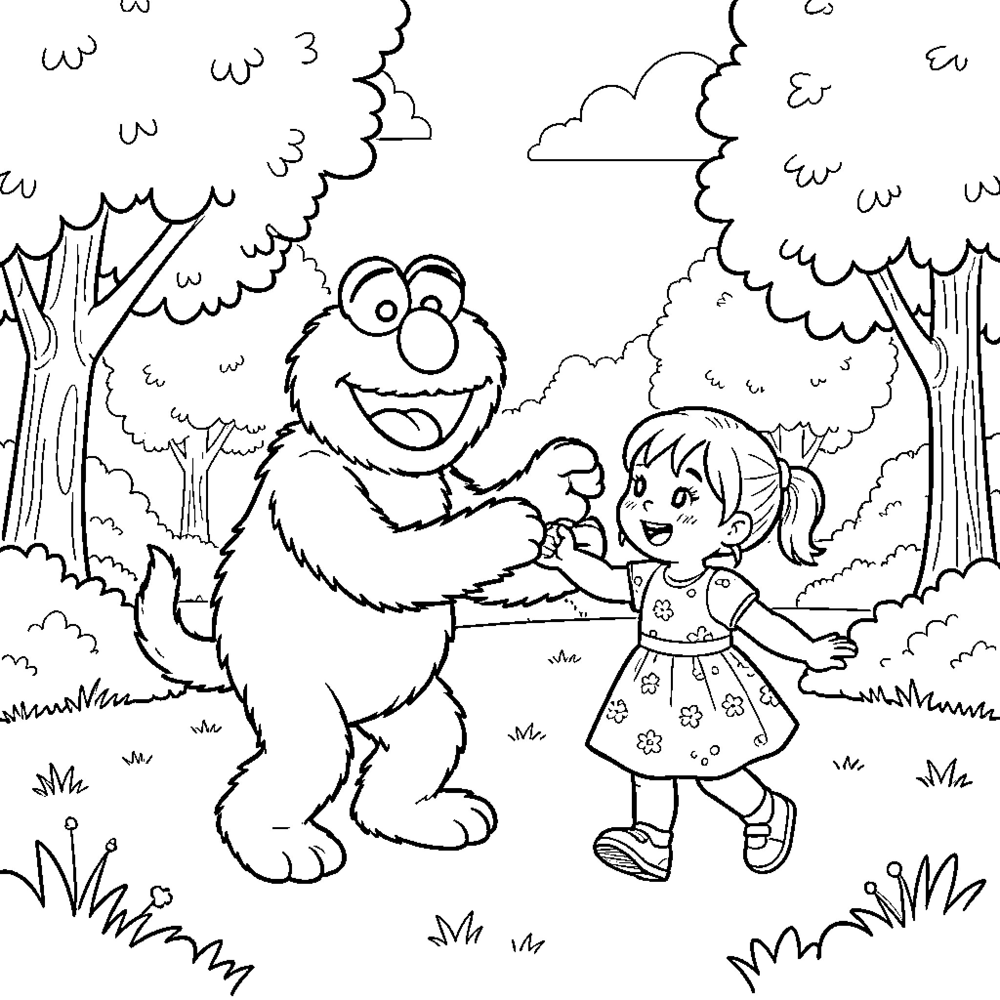 Elmo having fun with girl in the forest Coloring Page (free black-and-white line drawing printable PDF for all, from beginners to advanced learners, including children, teens, adults, and seniors)