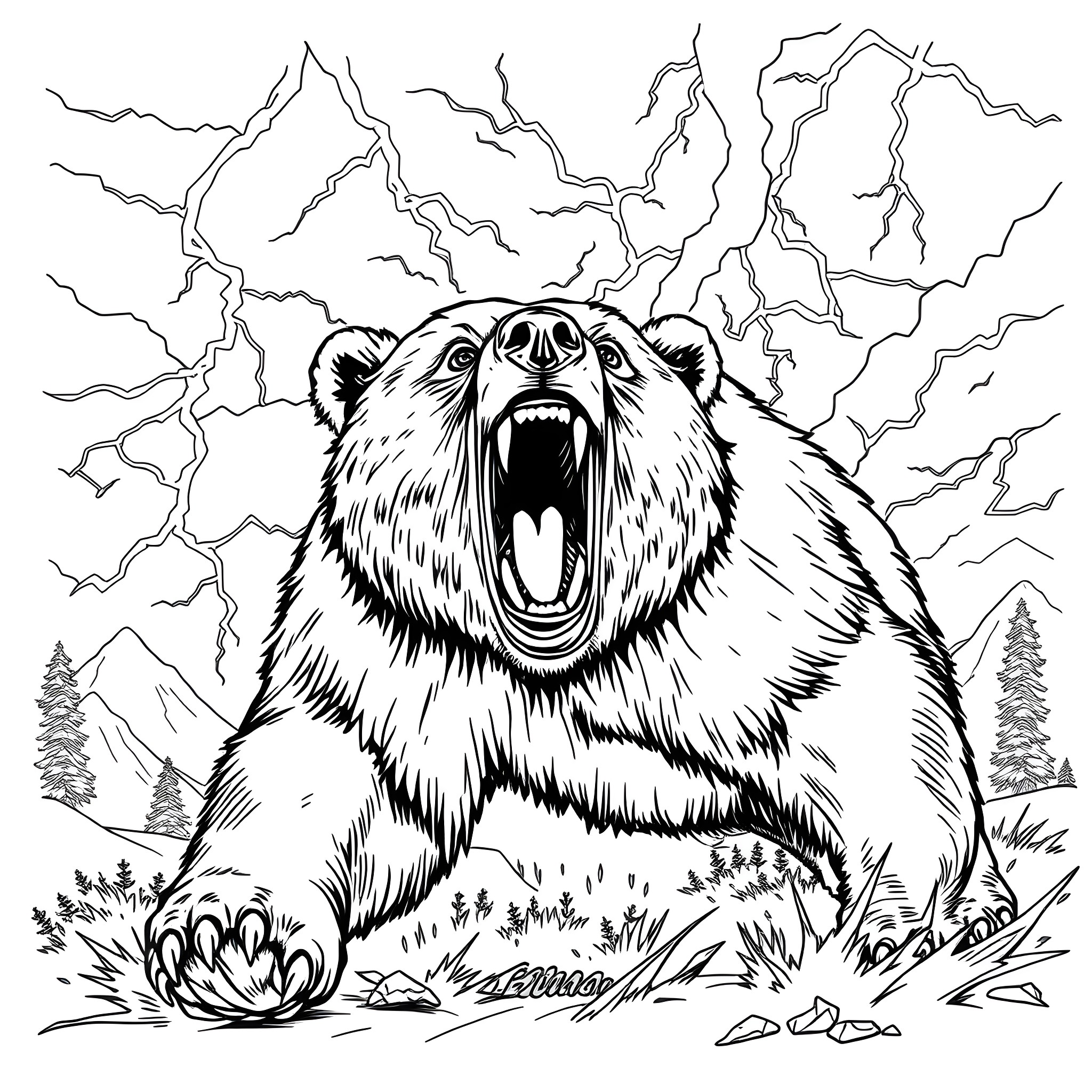 Grizzly Bear Roaring Amidst Stormy Skies Coloring Page (free black-and-white line drawing printable PDF for all, from beginners to advanced learners, including children, teens, adults, and seniors)