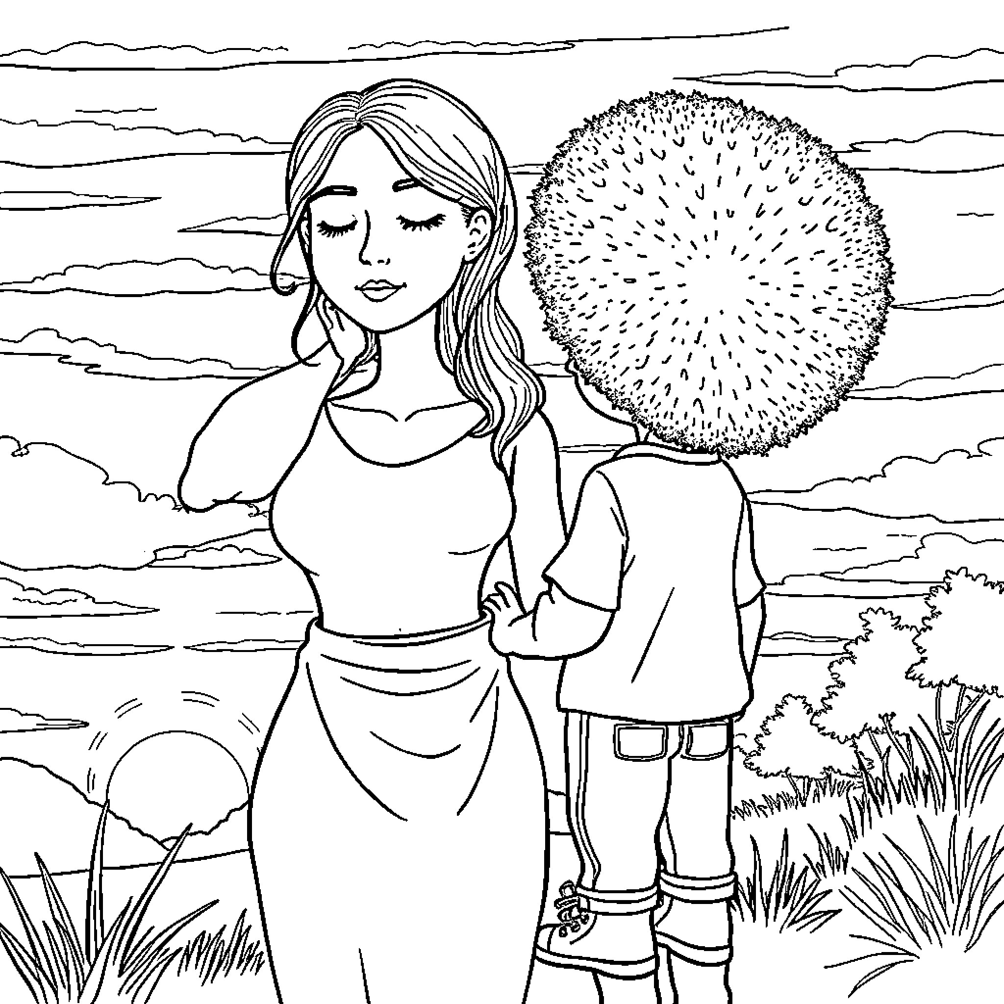 Mom enjoys peaceful moment in nature Coloring Page (free black-and-white line drawing printable PDF for all, from beginners to advanced learners, including children, teens, adults, and seniors)
