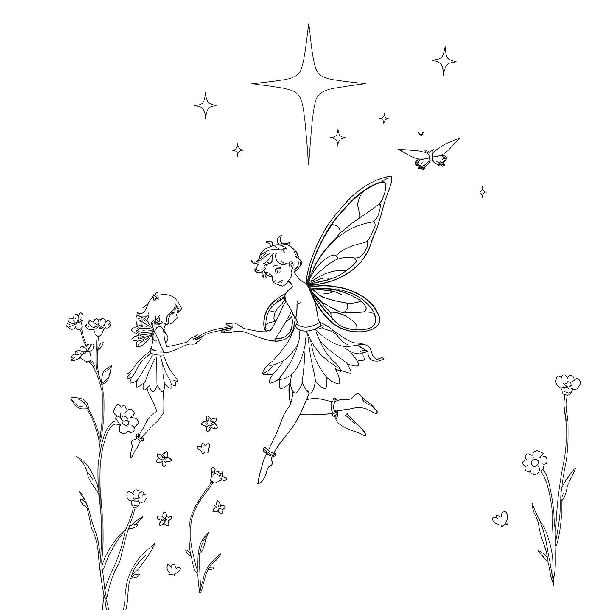 Fairy dancing among flowers and butterflies Coloring Page (free black-and-white line drawing printable PDF for all, from beginners to advanced learners, including children, teens, adults, and seniors)