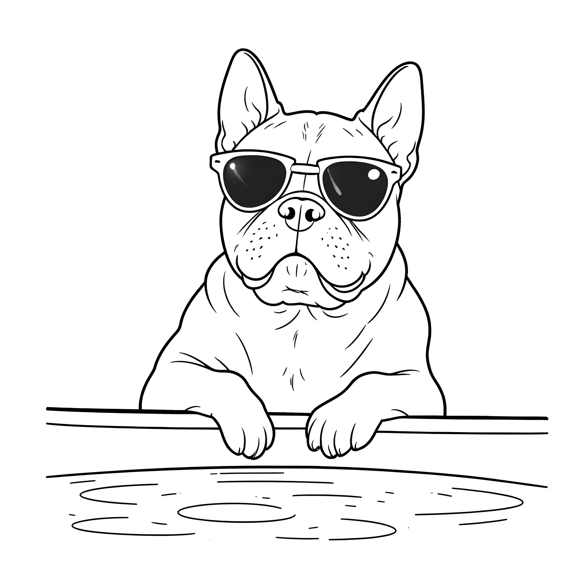 French Bulldog wearing sunglasses relaxing by the pool Coloring Page (free black-and-white line drawing printable PDF for all, from beginners to advanced learners, including children, teens, adults, and seniors)