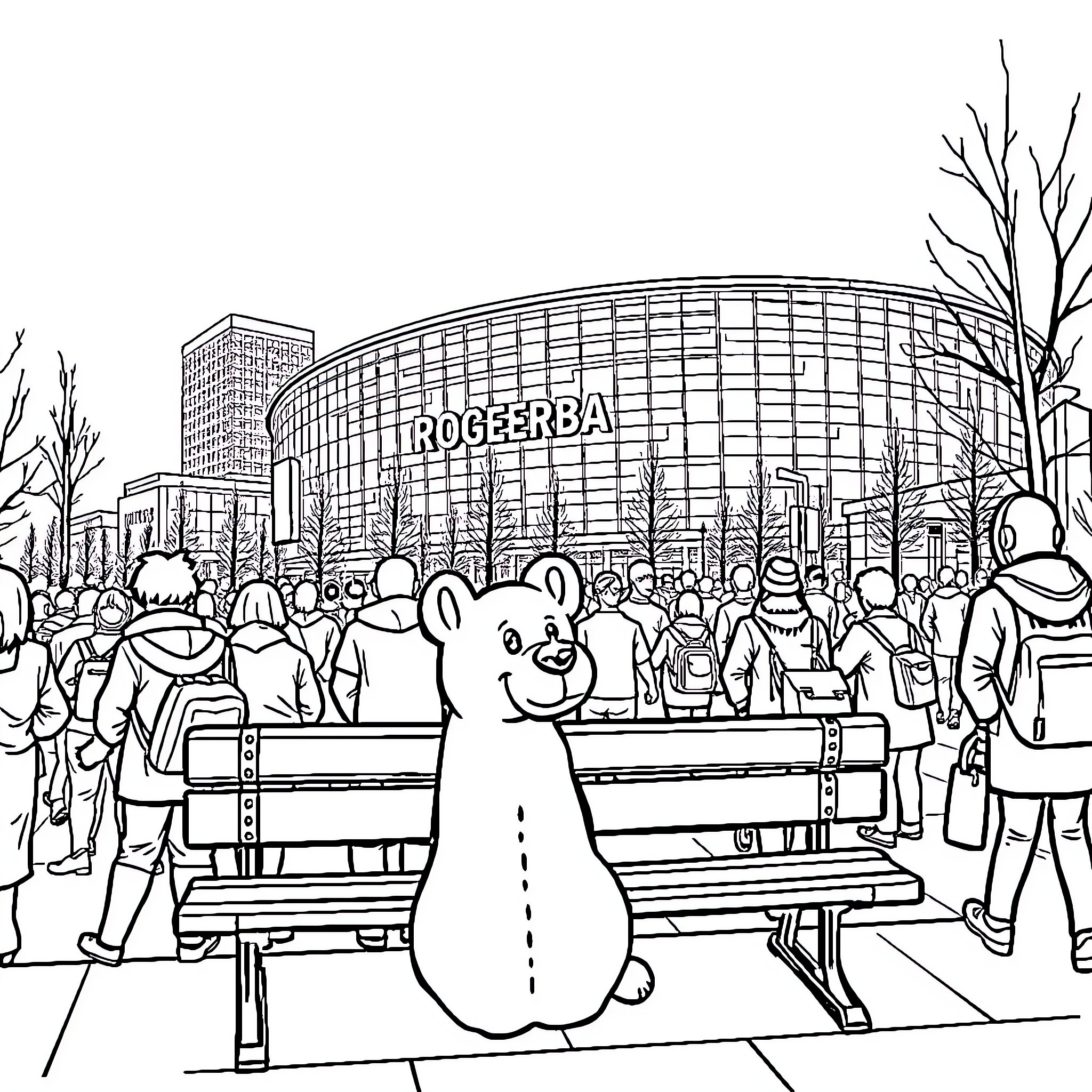 Labubu's Fun Day at the Crowded City Coloring Page (free black-and-white line drawing printable PDF for all, from beginners to advanced learners, including children, teens, adults, and seniors)