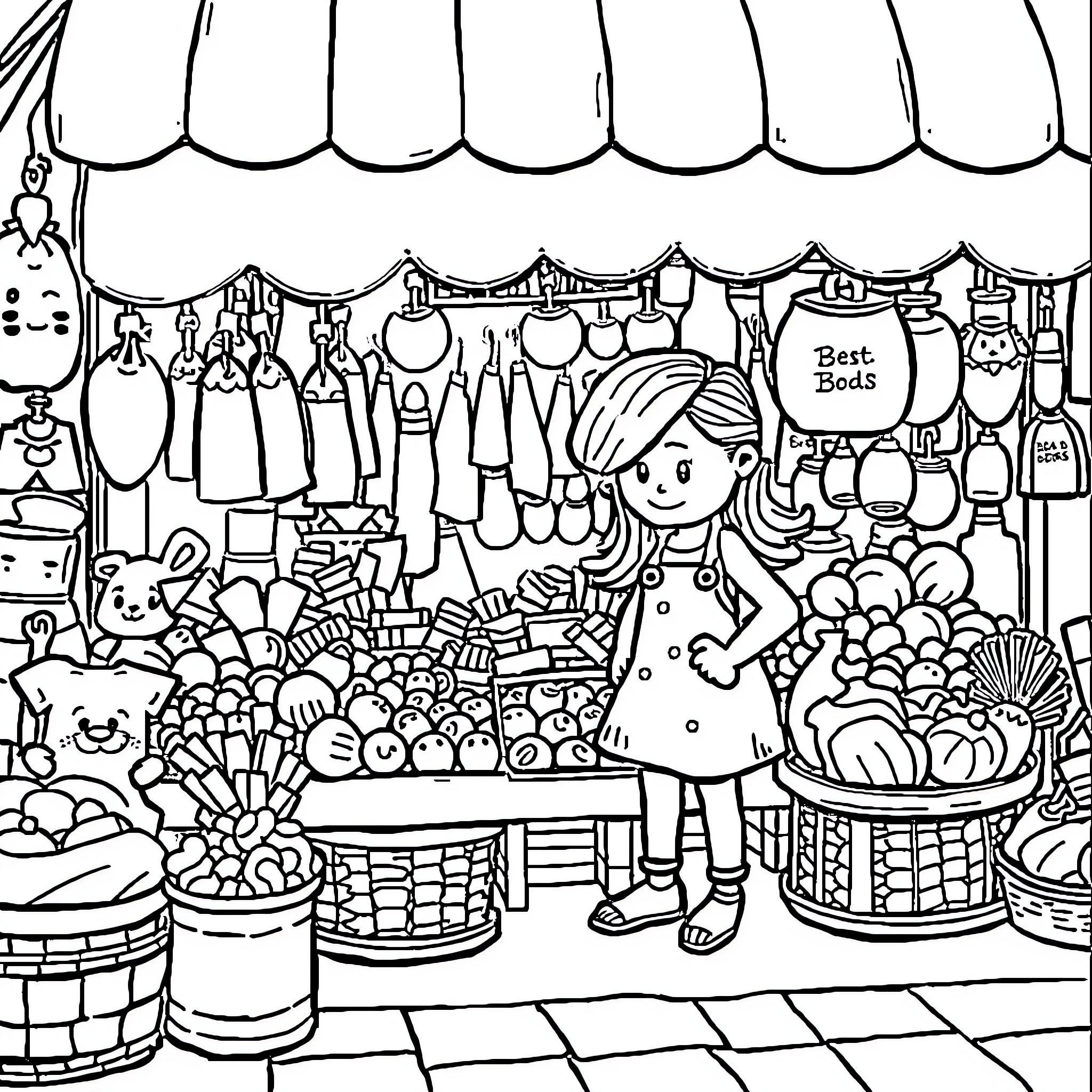 Bobbie's Vibrant Marketplace Adventure Coloring Page (free black-and-white line drawing printable PDF for all, from beginners to advanced learners, including children, teens, adults, and seniors)
