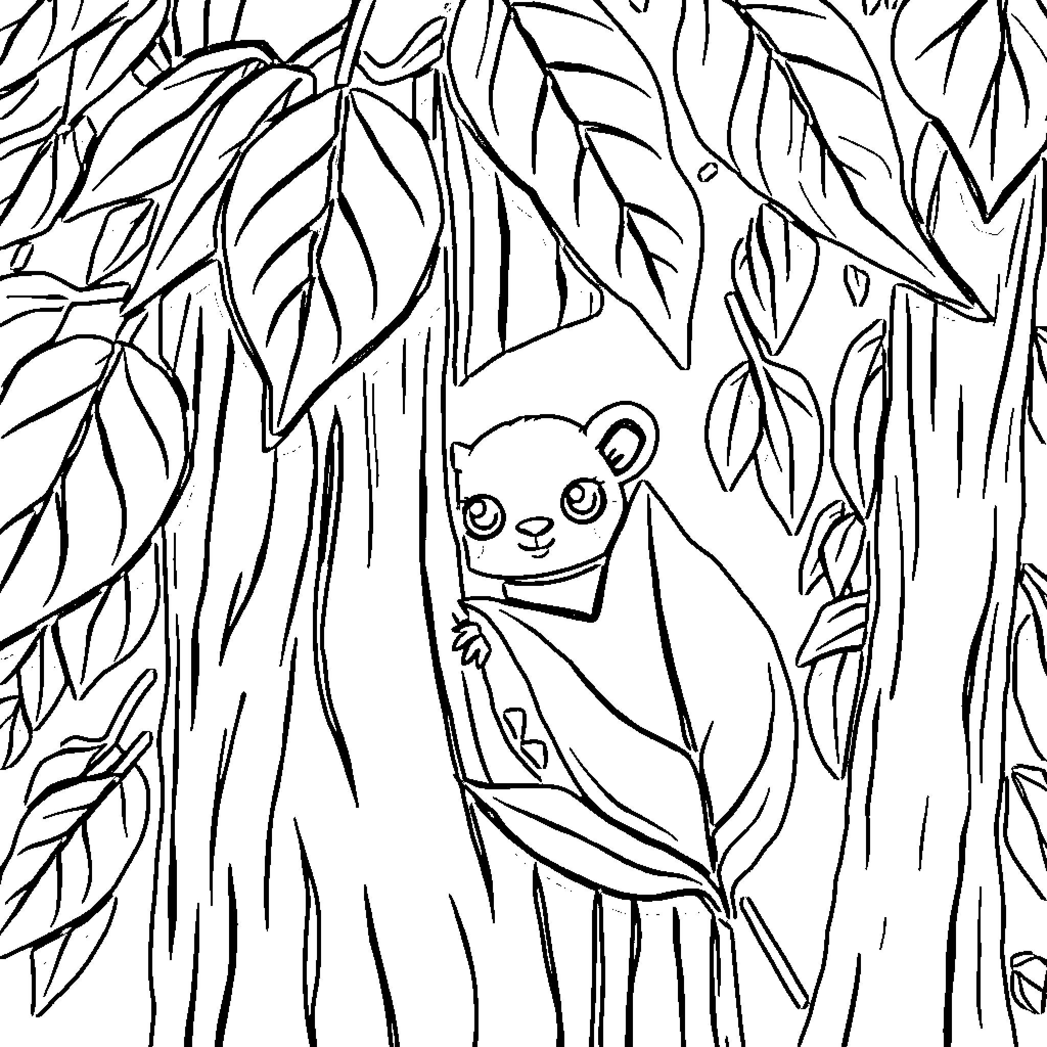 Tree with a Curious Panda Peeking through the Leaves Coloring Page (free black-and-white line drawing printable PDF for all, from beginners to advanced learners, including children, teens, adults, and seniors)