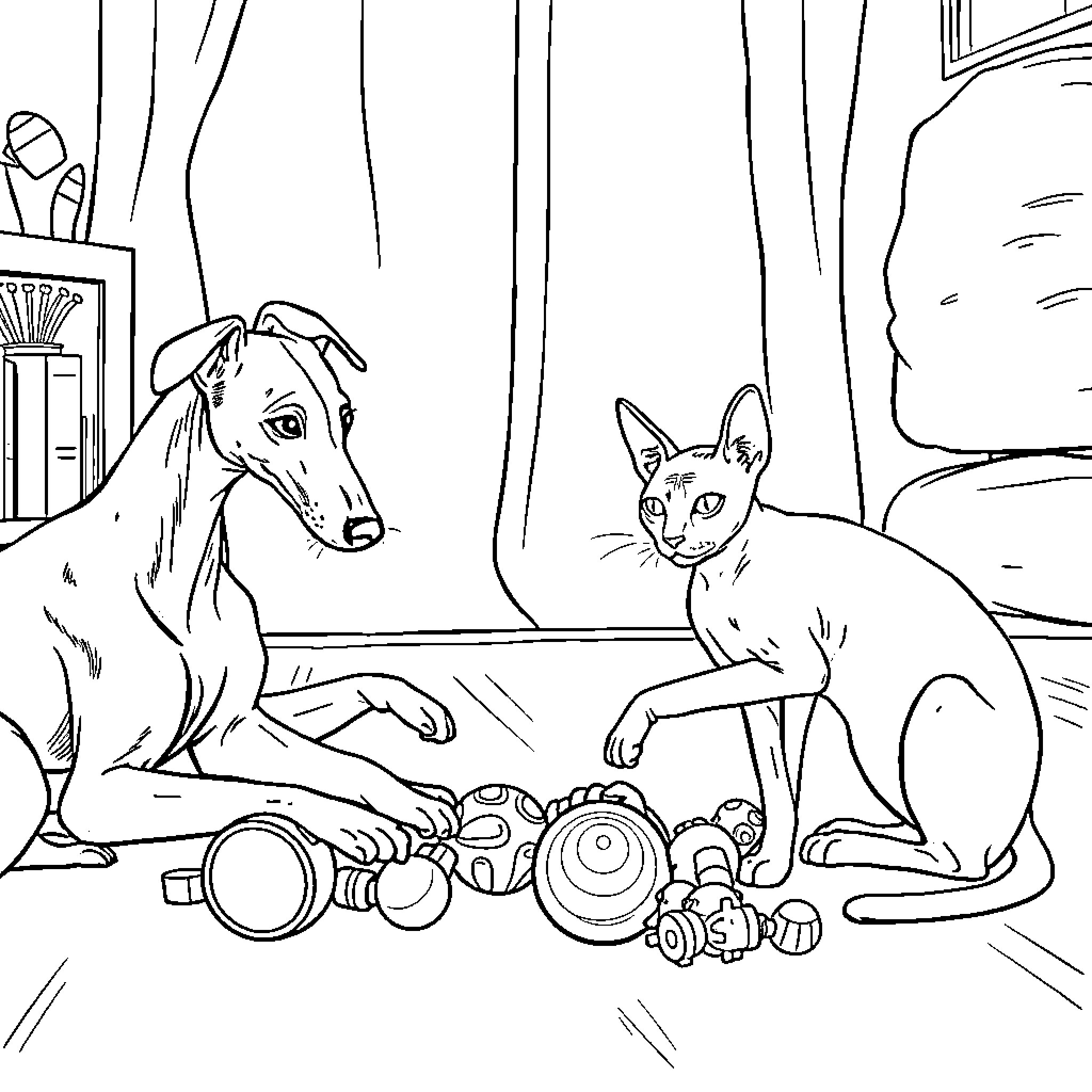 Italian Greyhound and Siamese Cat Playing with Toys Coloring Page (free black-and-white line drawing printable PDF for all, from beginners to advanced learners, including children, teens, adults, and seniors)