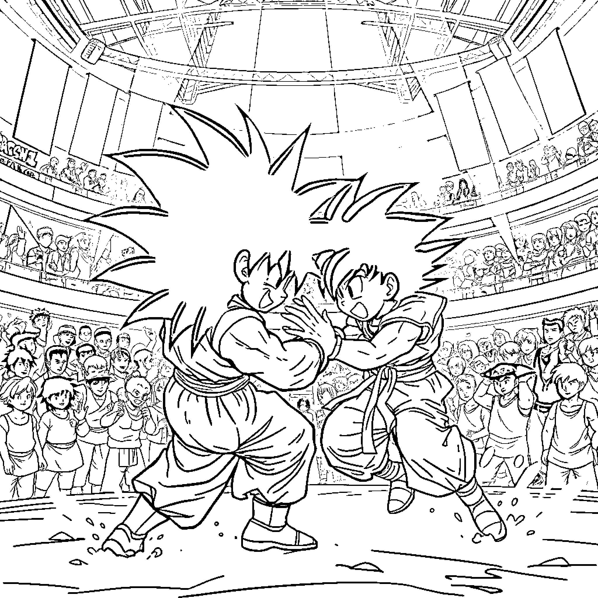 Goku engaging in an intense martial arts battle Coloring Page (free black-and-white line drawing printable PDF for all, from beginners to advanced learners, including children, teens, adults, and seniors)