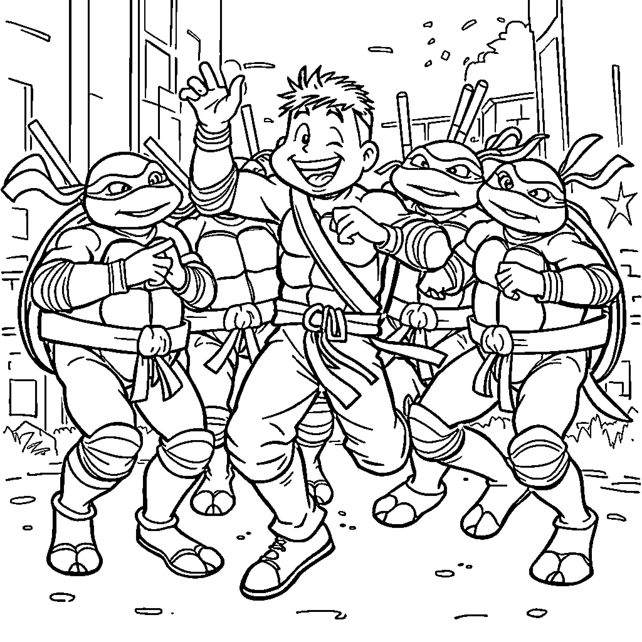 Jey Uso celebrates with Teenage Mutant Ninja Turtles Coloring Page (free black-and-white line drawing printable PDF for all, from beginners to advanced learners, including children, teens, adults, and seniors)