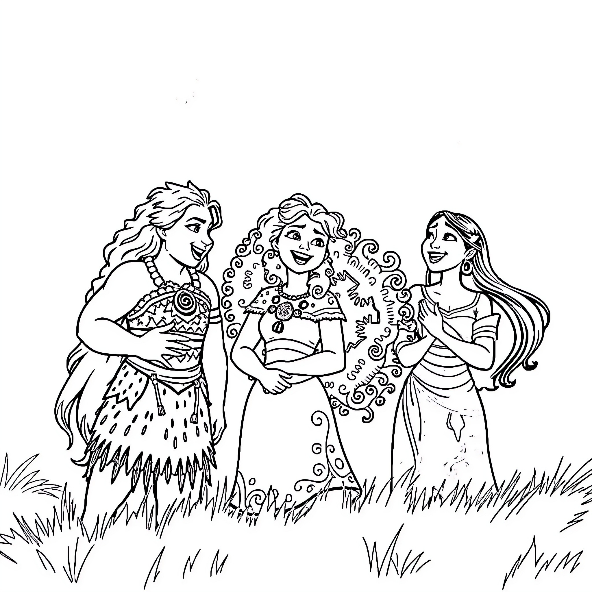 Disney Princesses in a joyful gathering Coloring Page (free black-and-white line drawing printable PDF for all, from beginners to advanced learners, including children, teens, adults, and seniors)