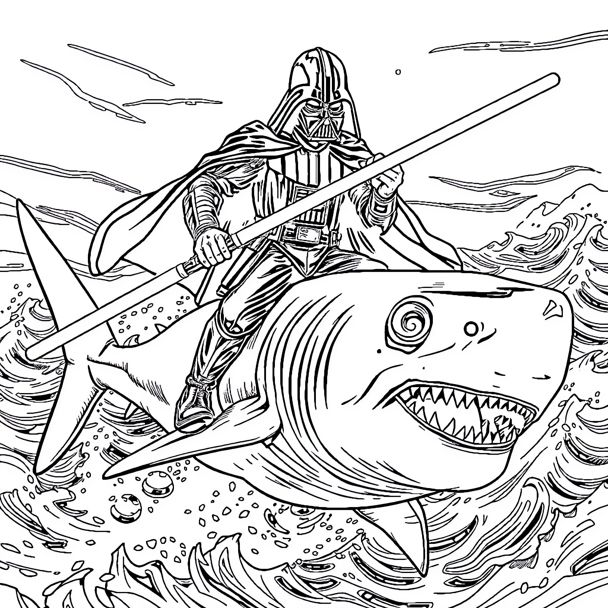 Darth Vader battles a fearsome shark in a tumultuous sea Coloring Page (free black-and-white line drawing printable PDF for all, from beginners to advanced learners, including children, teens, adults, and seniors)