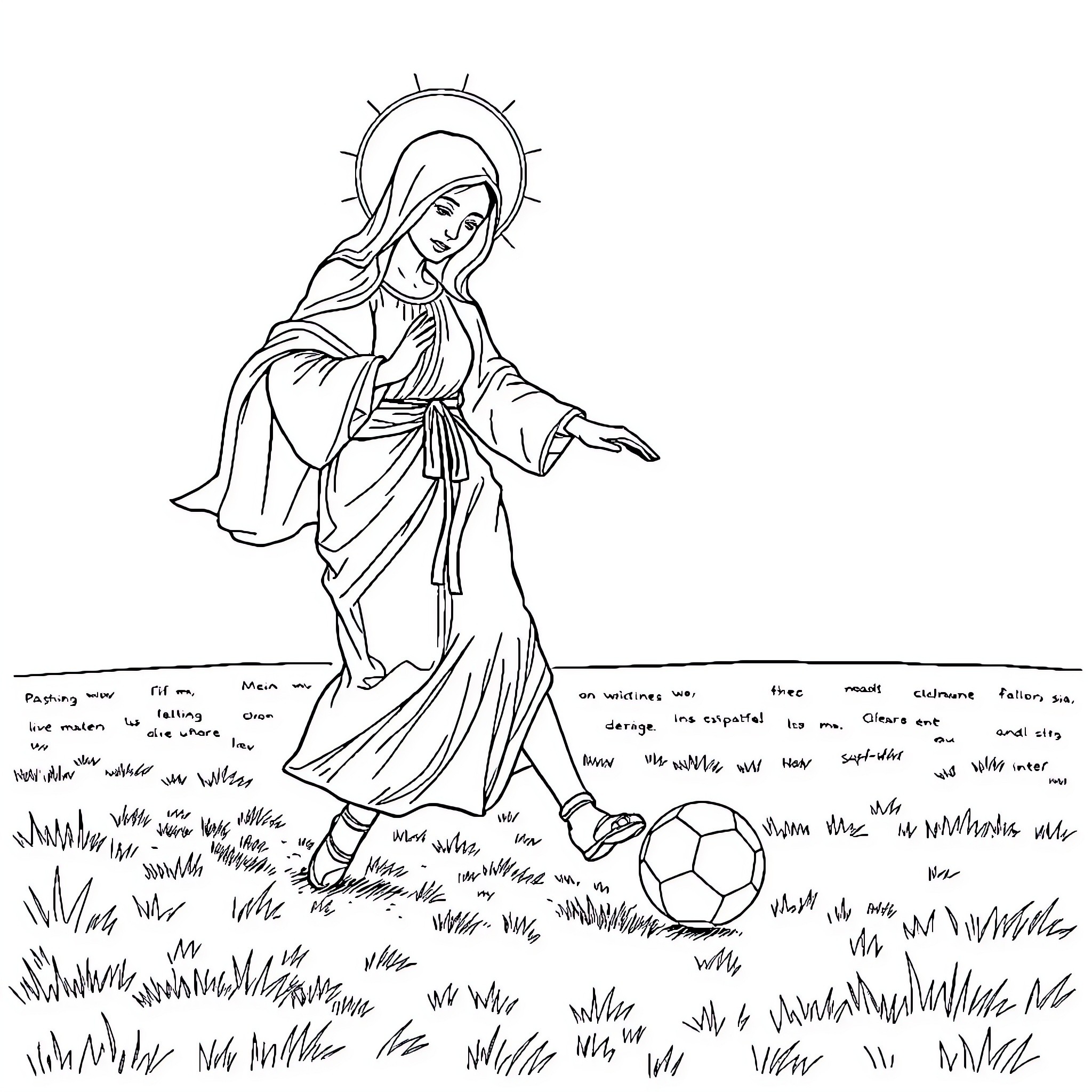Virgin Mary kicking a soccer ball in a field Coloring Page (free black-and-white line drawing printable PDF for all, from beginners to advanced learners, including children, teens, adults, and seniors)