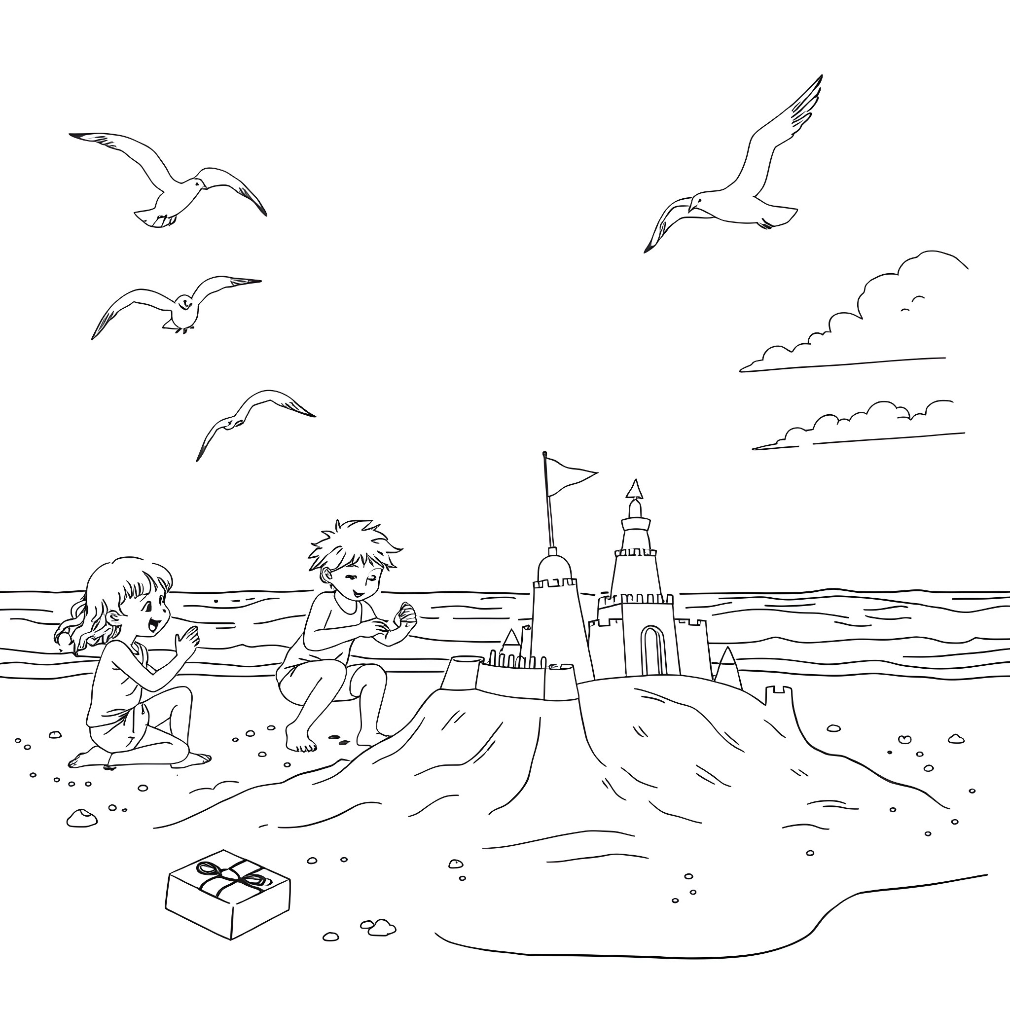 Beach fun with sandcastle and seagulls Coloring Page (free black-and-white line drawing printable PDF for all, from beginners to advanced learners, including children, teens, adults, and seniors)