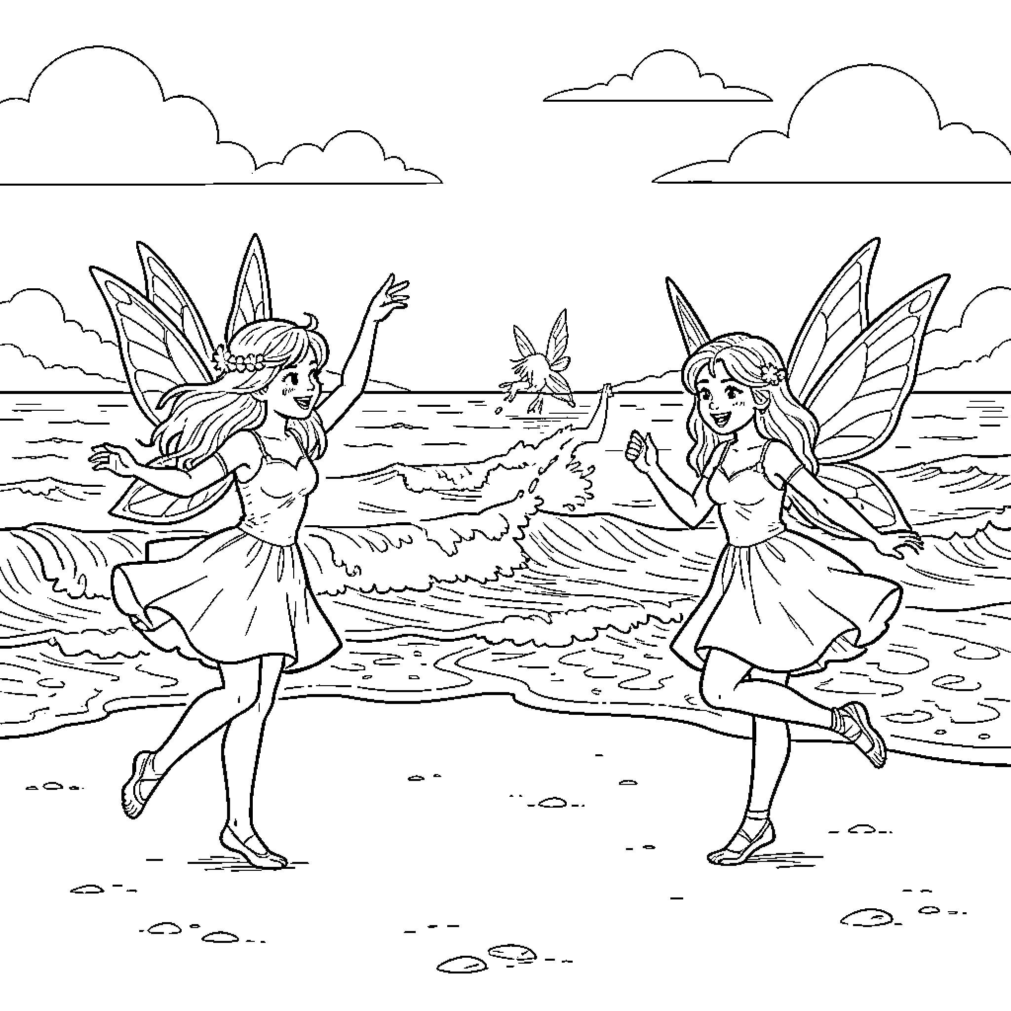 Fairy friends dancing joyfully on the beach Coloring Page (free black-and-white line drawing printable PDF for all, from beginners to advanced learners, including children, teens, adults, and seniors)