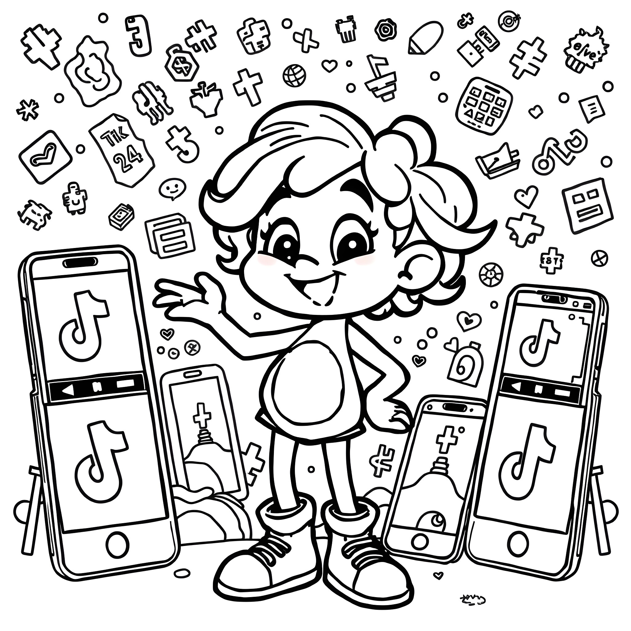 Person with TikTok phones surrounded by social media icons Coloring Page (free black-and-white line drawing printable PDF for all, from beginners to advanced learners, including children, teens, adults, and seniors)